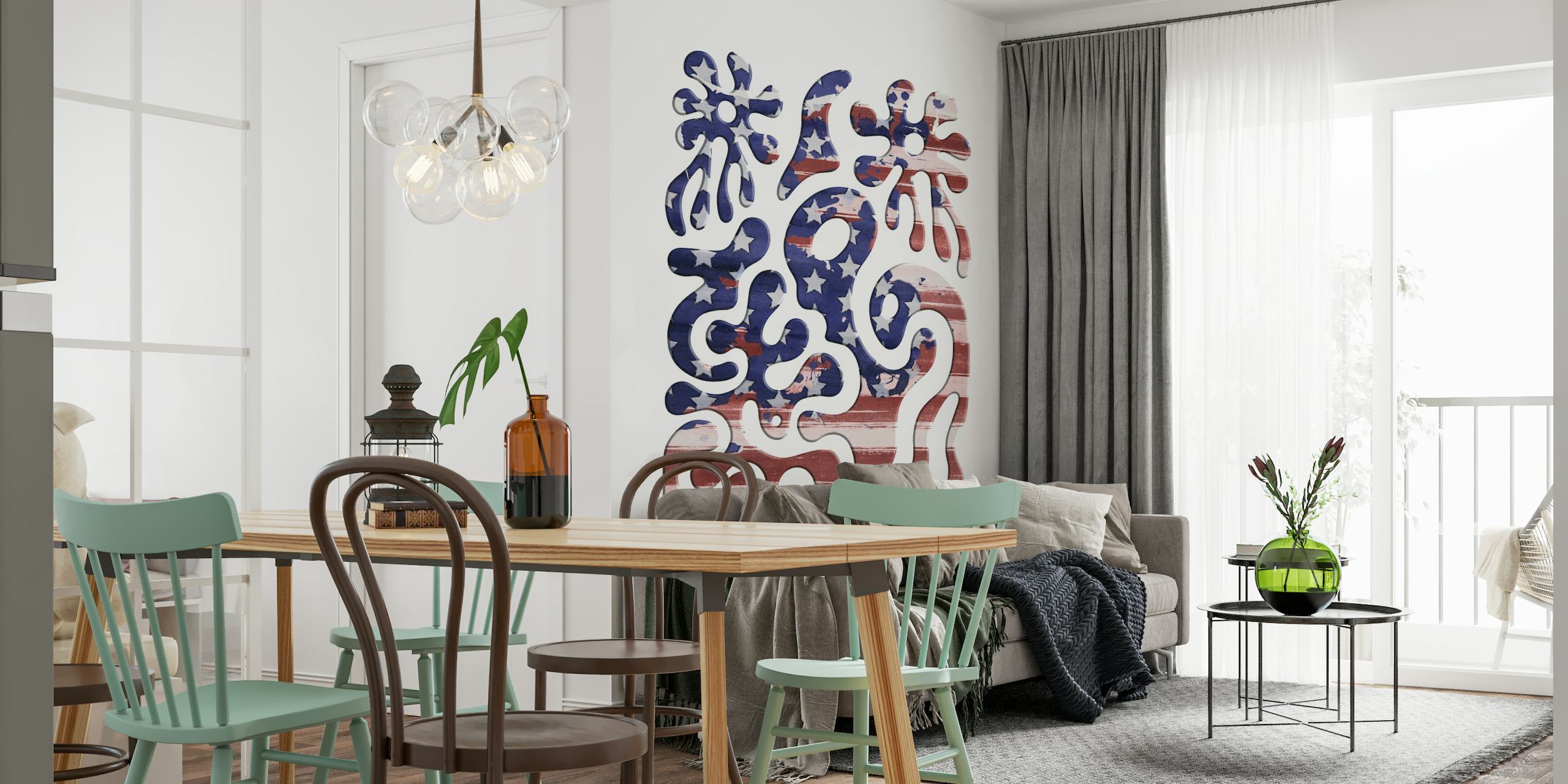 Mural de parede abstrato com padrões abstratos de inspiração cósmica em tons de azul e vermelho.