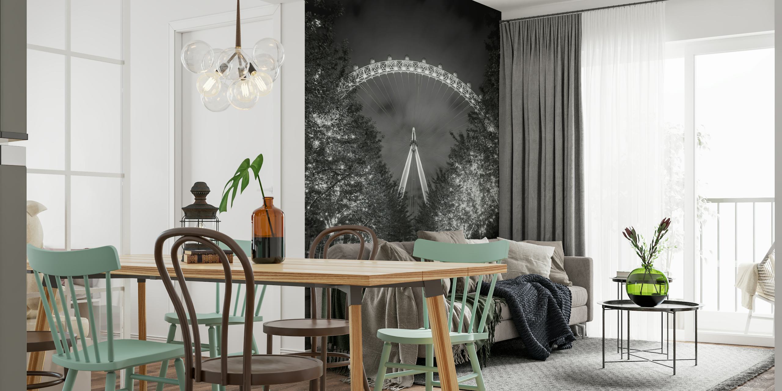 Black and white wall mural of a lit Ferris wheel at night with decorative tree lights