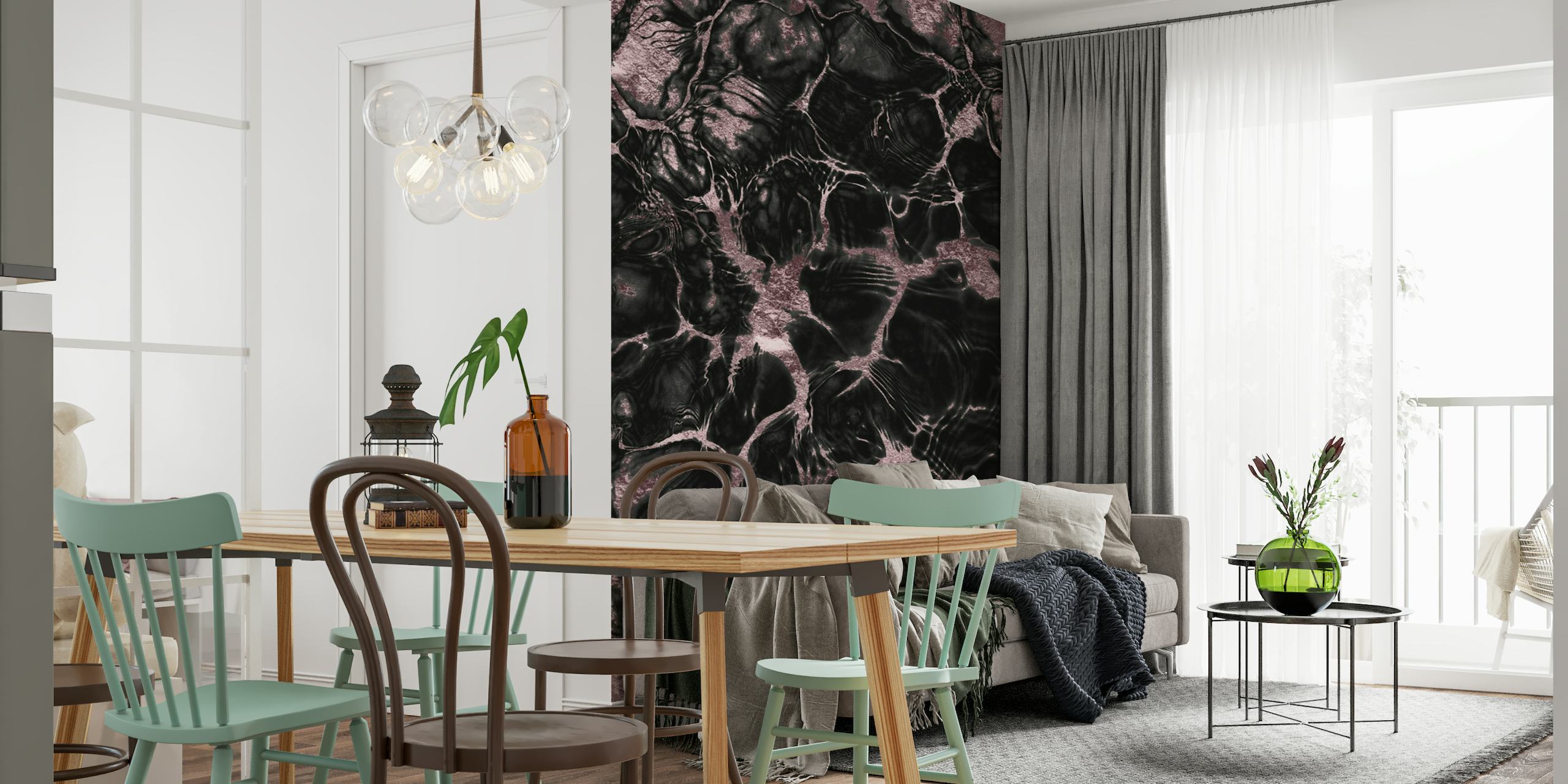 Fotomural vinílico de parede com padrão abstrato lilás e dourado evocando uma textura luxuosa semelhante a um mineral