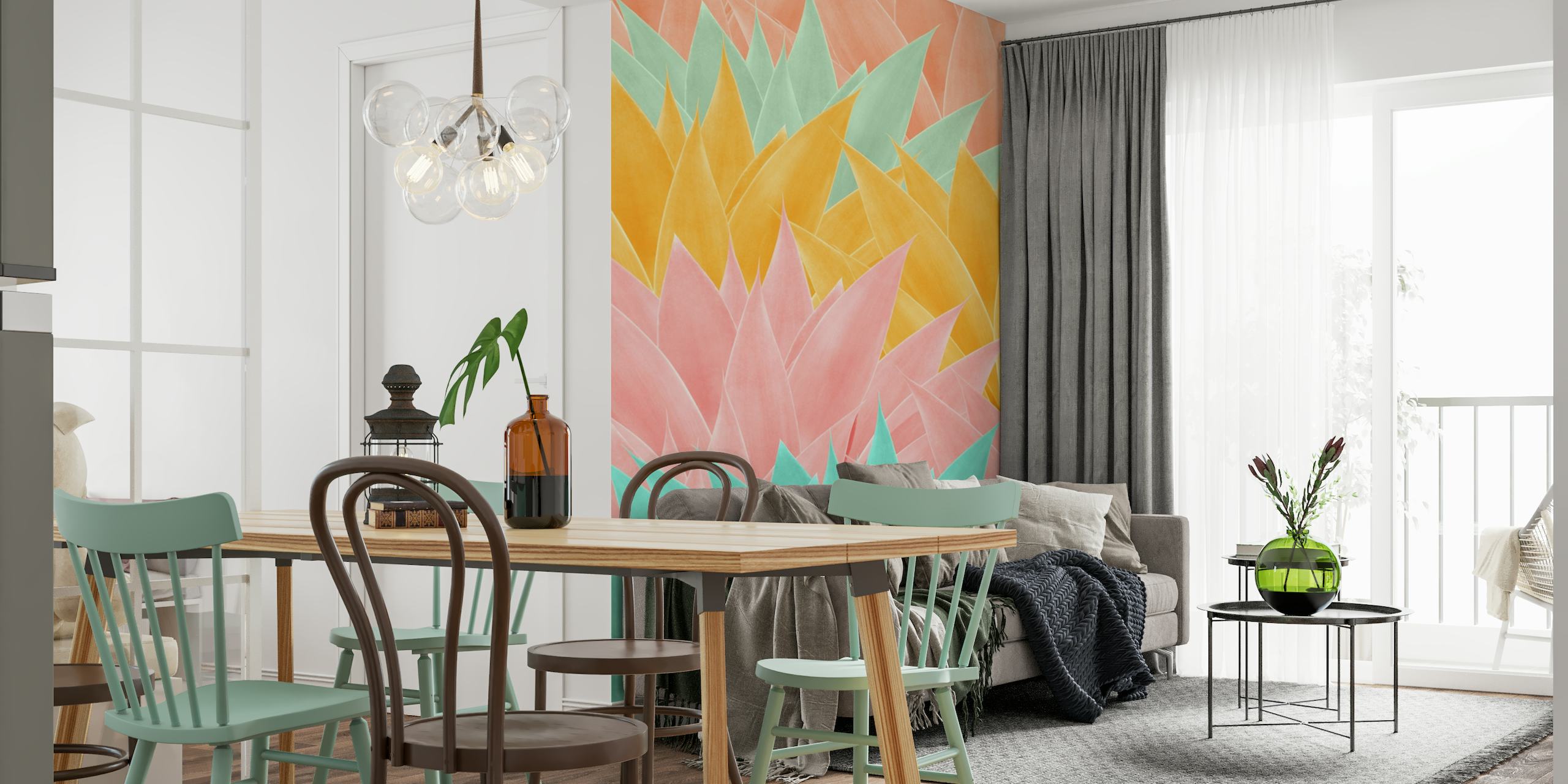 Farbenfrohes Wandgemälde mit Agavenblattmuster in Rosa-, Gelb- und Aquamarintönen für eine moderne Inneneinrichtung.