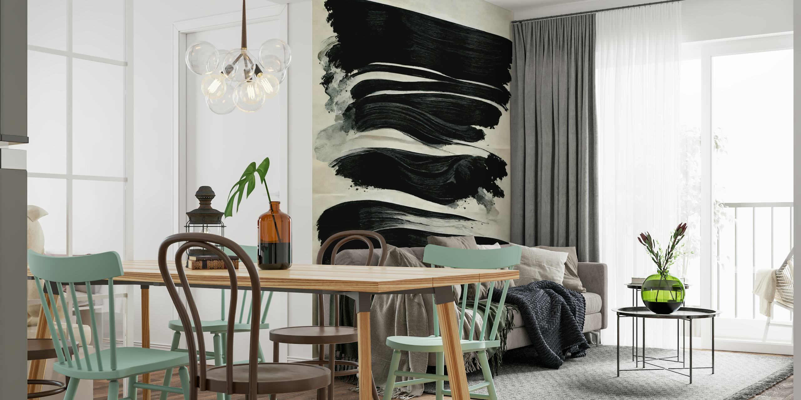 Abstracte zwarte penseelstreken op een ivoren muurschildering als achtergrond