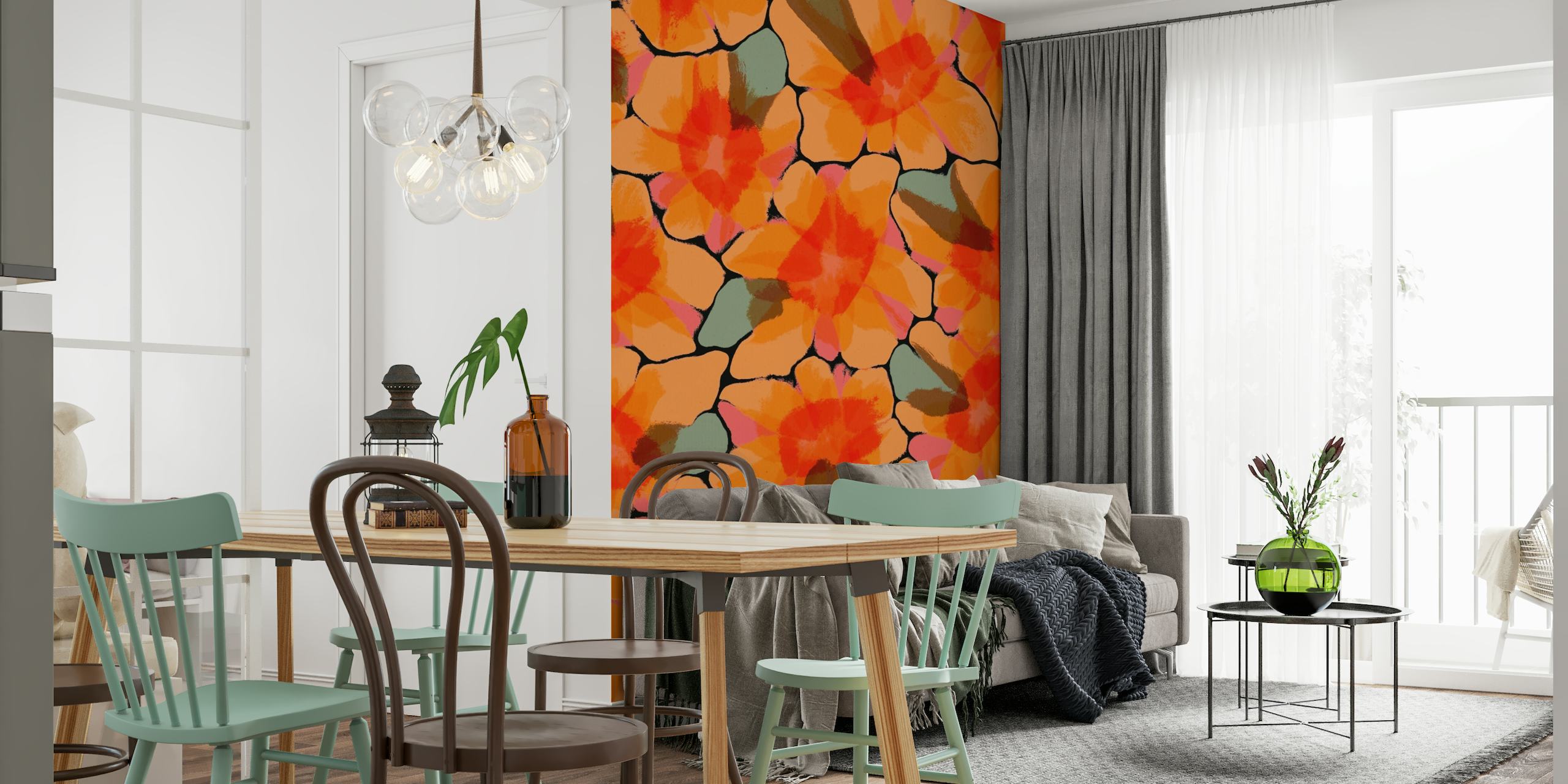 Orange blomstret vægmaleri med store blomster på en varm baggrund