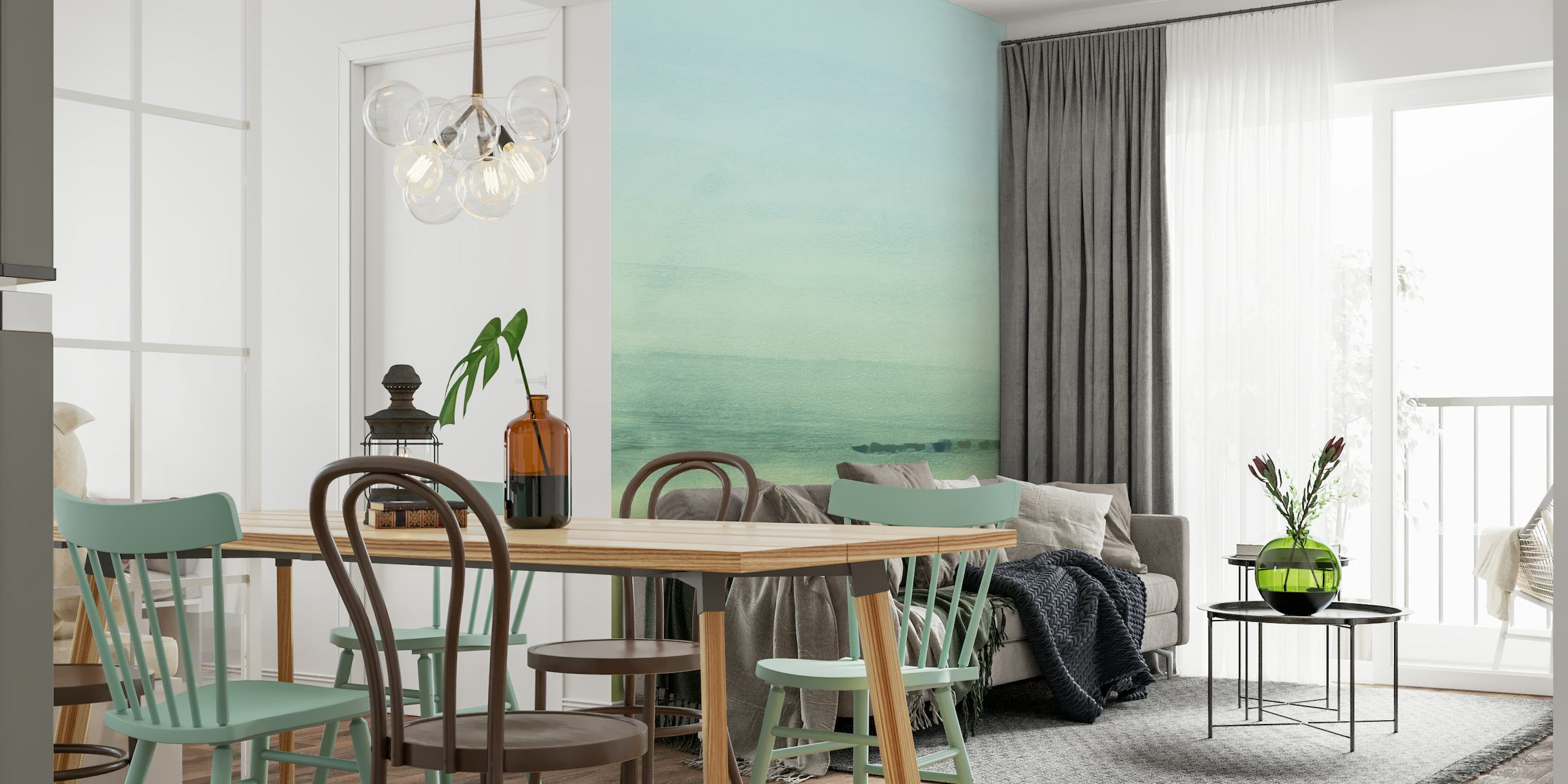 Mural de parede abstrato em aquarela esverdeada representando um horizonte tranquilo
