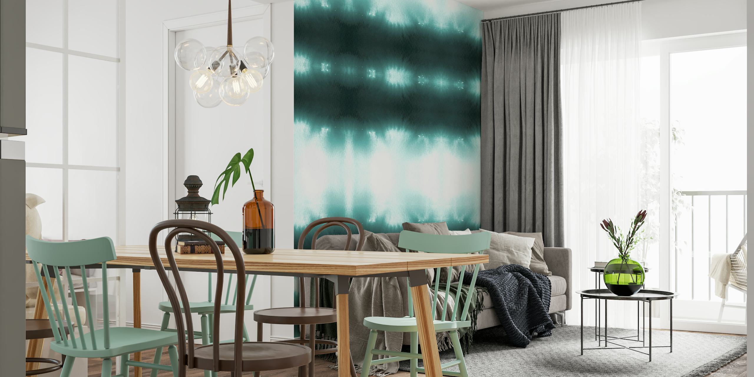 Teal and white Japanese ink fabric pattern wall mural