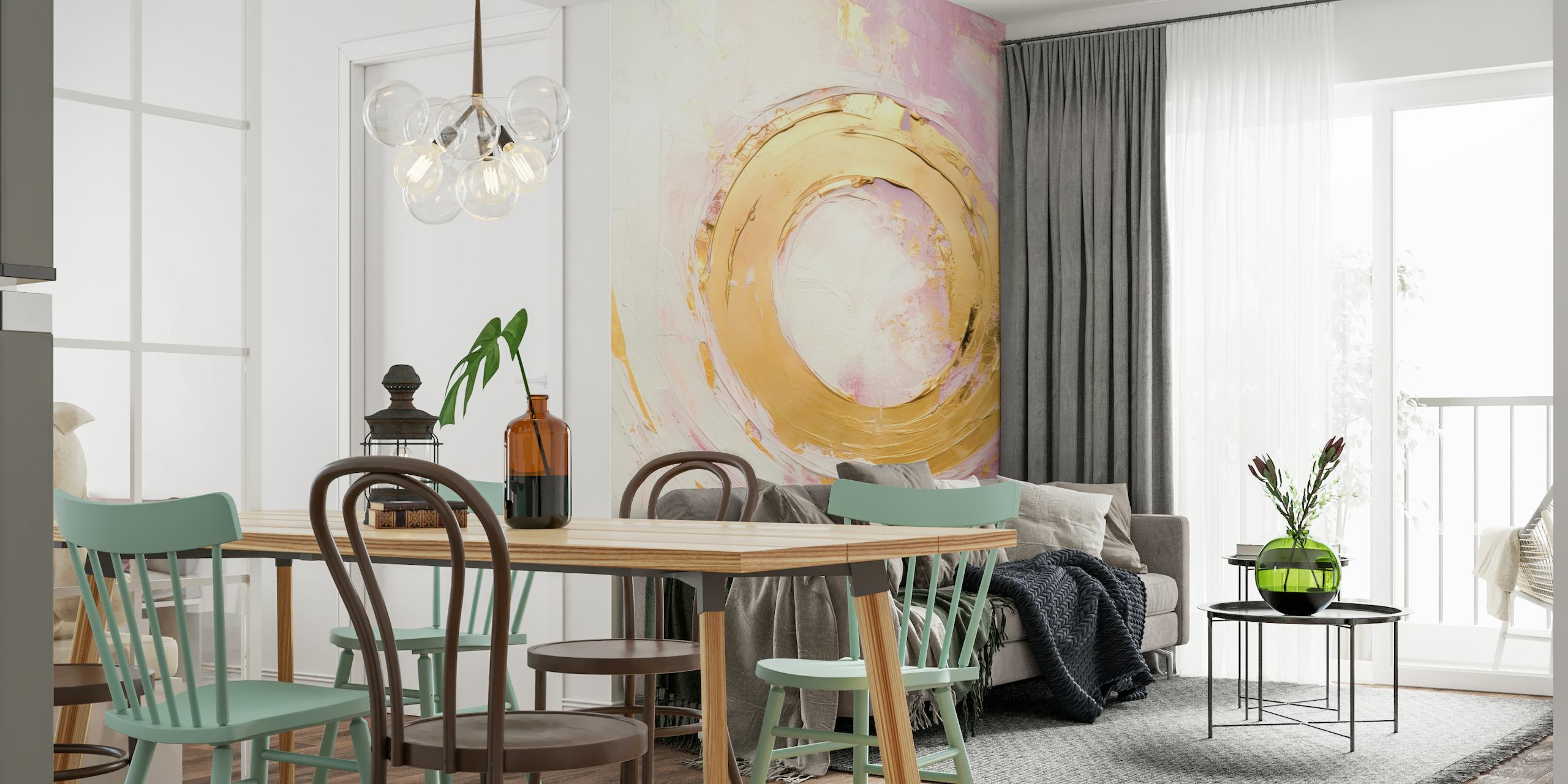 Abstract Art Awakening wall mural with pink and golden swirls