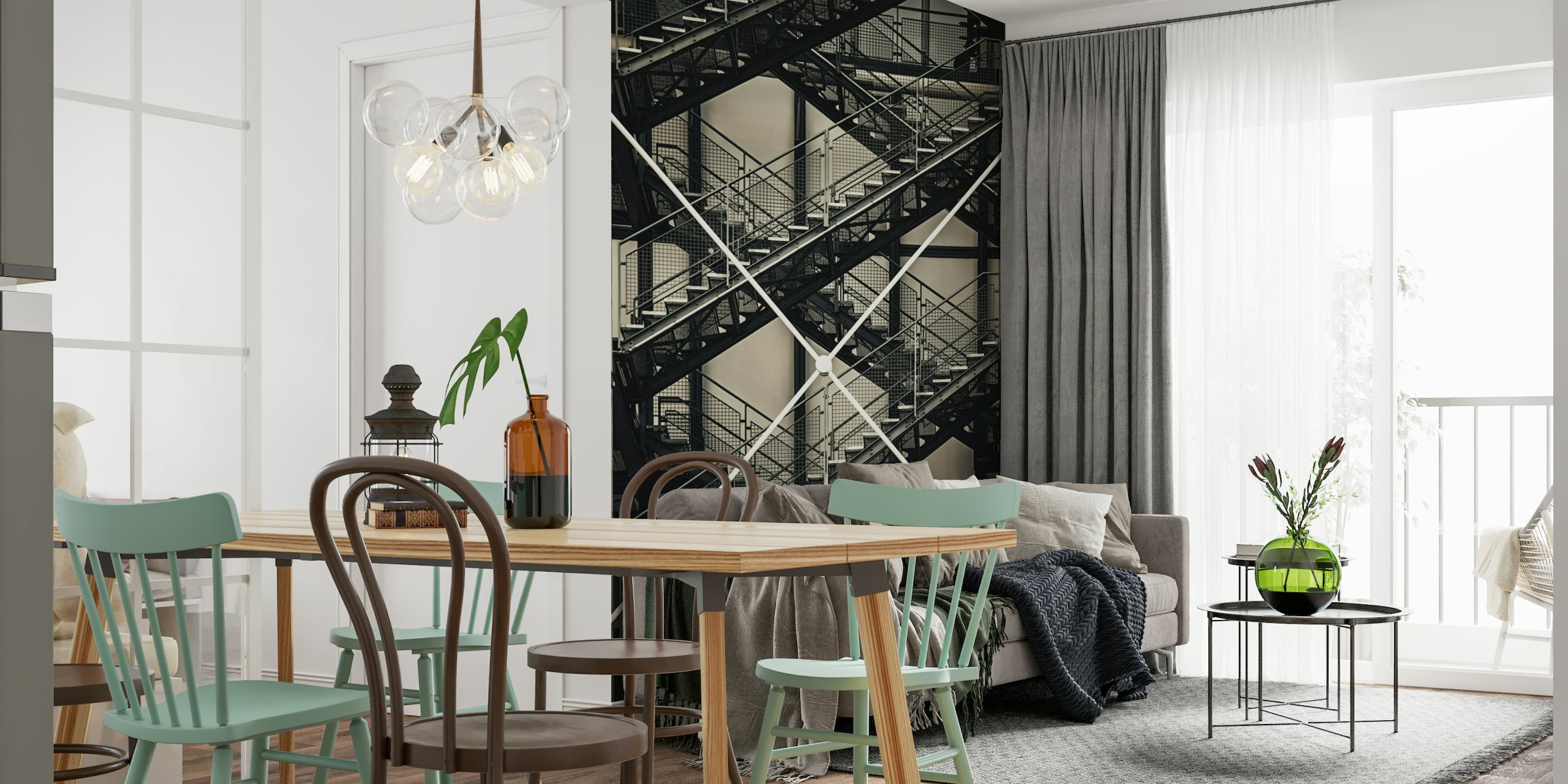Into The City wall mural with black and white scaffolding design