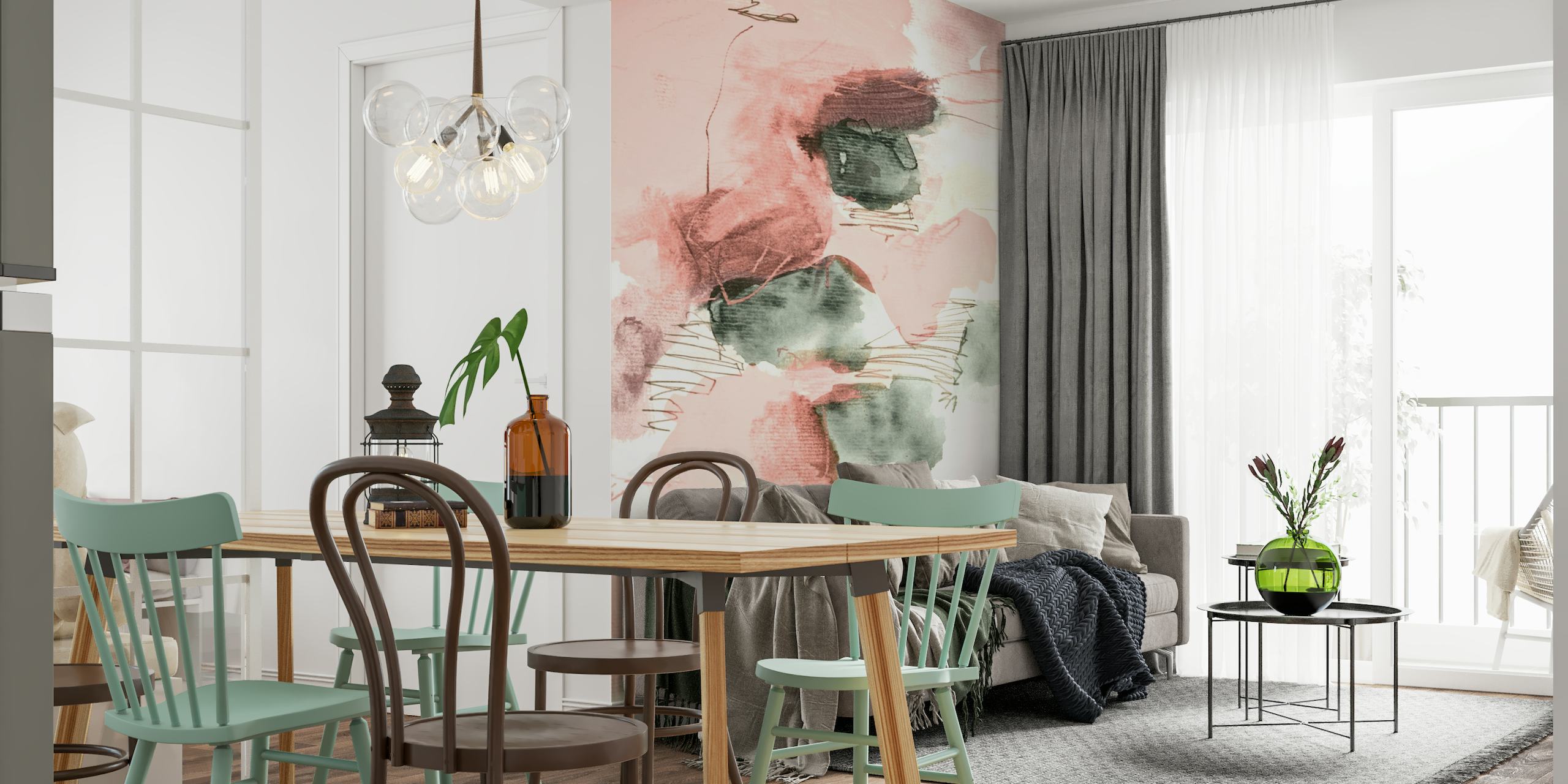 Blødt pastel abstrakt vægmaleri med blush, creme og dæmpede grønne toner