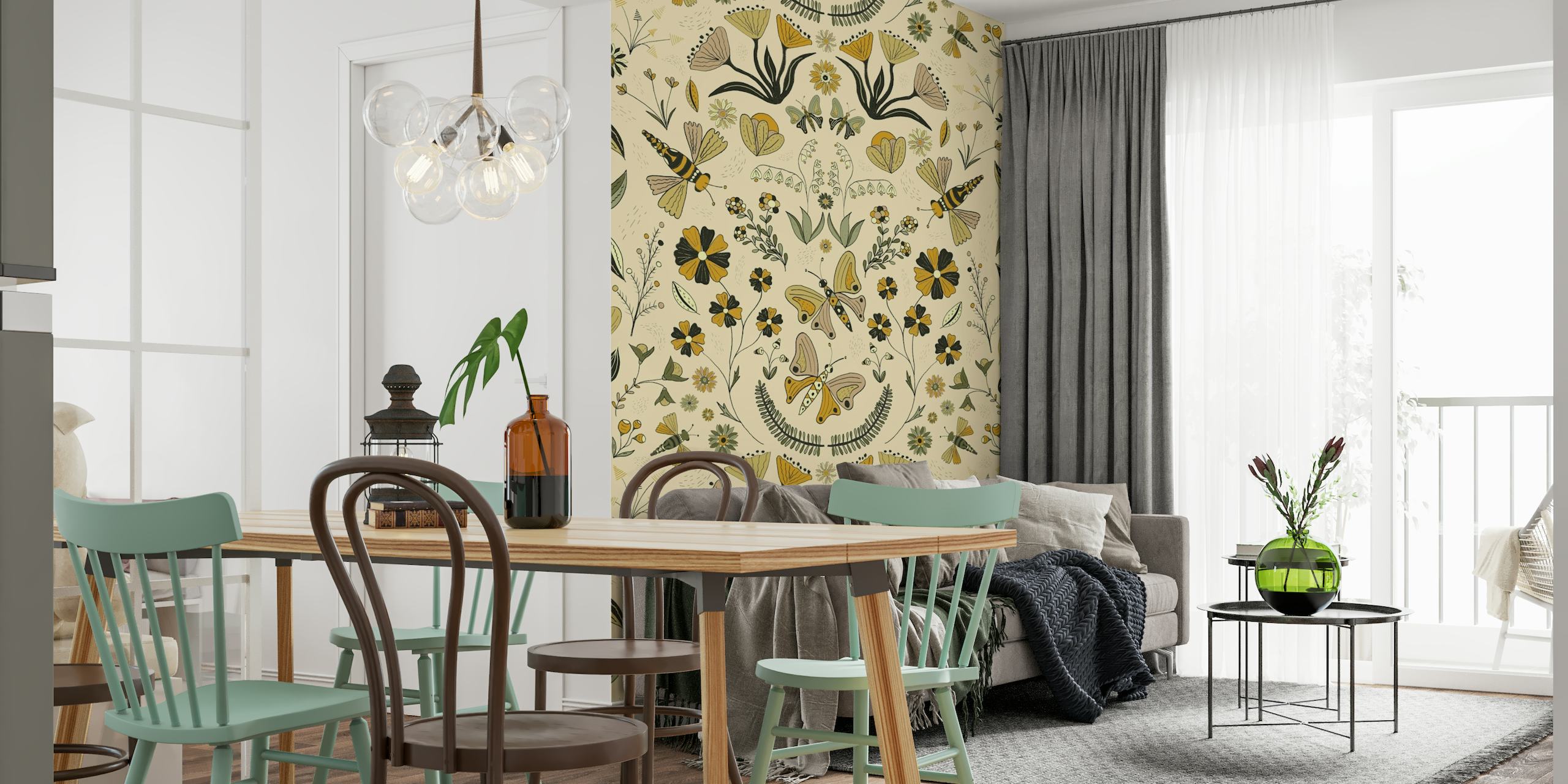 Illustratief fotobehang met een symmetrisch patroon van planten, vlinders en abstracte dieren in een tuinomgeving