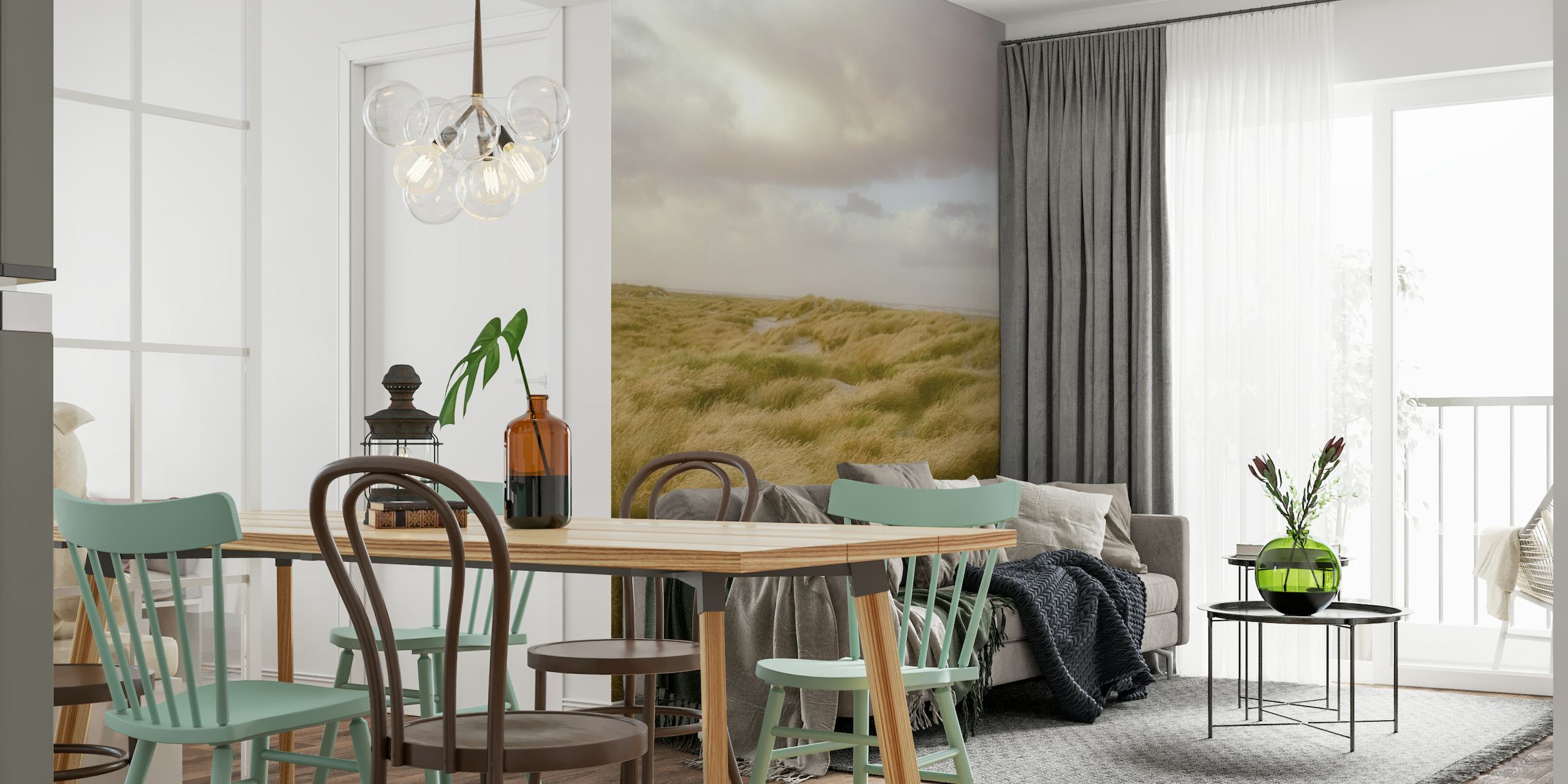 Wall mural depicting the serene sand dunes of Skagen with waving marram grass under an overcast sky.