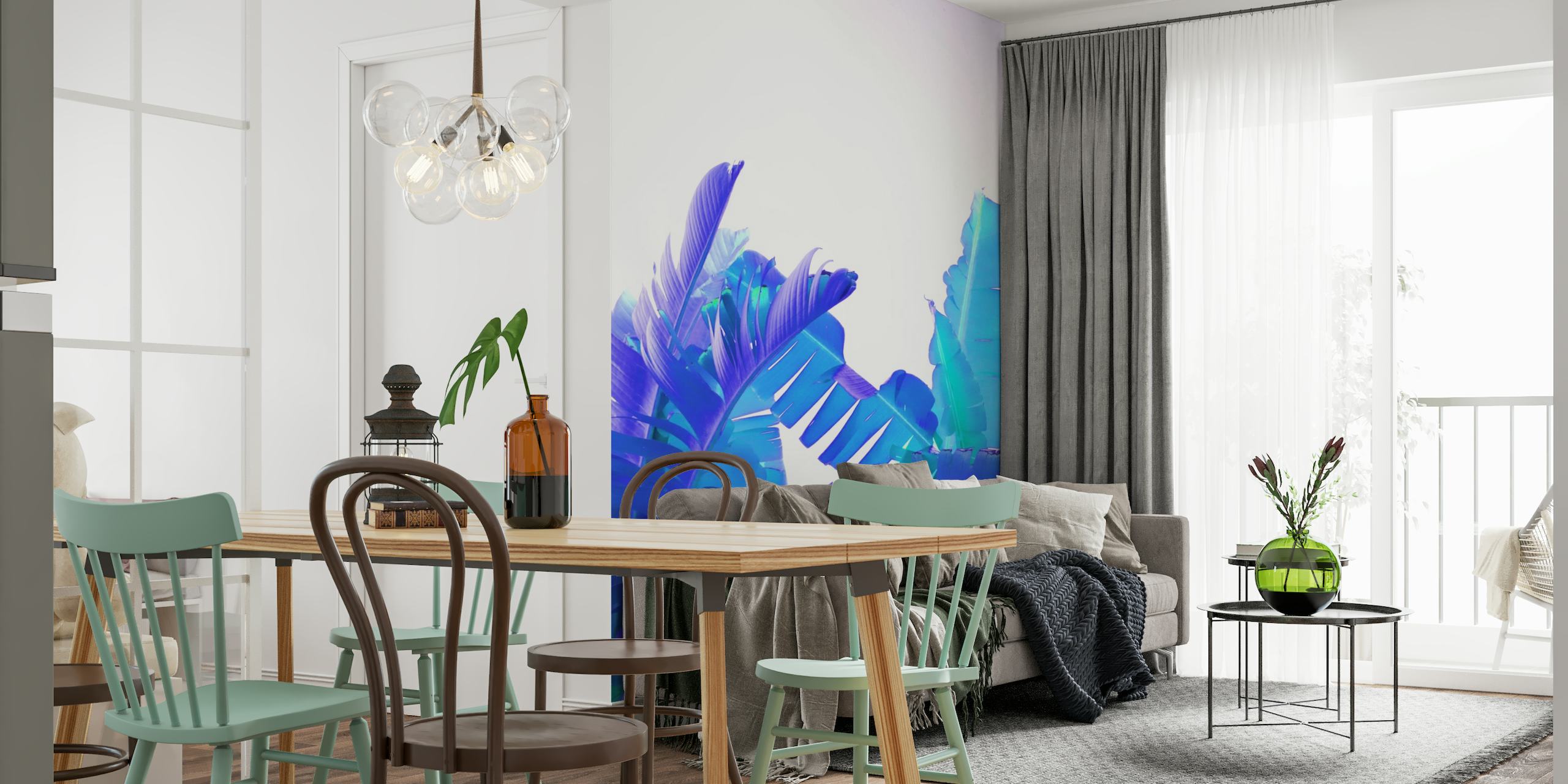 Blauwgekleurde bananenbladeren muurschildering voor een tropisch decor