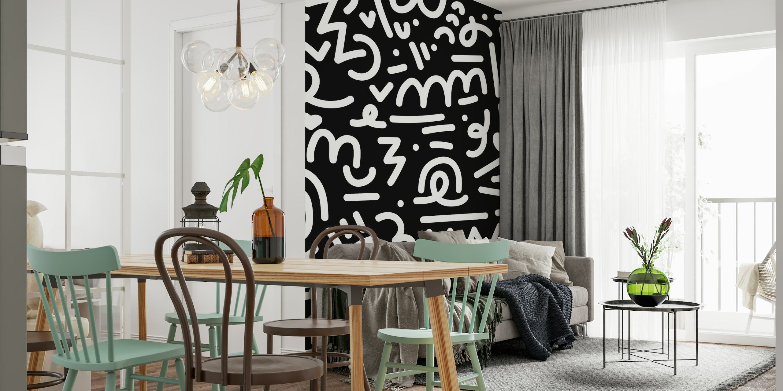 Ein Wandbild mit schwarz-weißen Kritzeleien und skurrilen handgezeichneten Elementen.