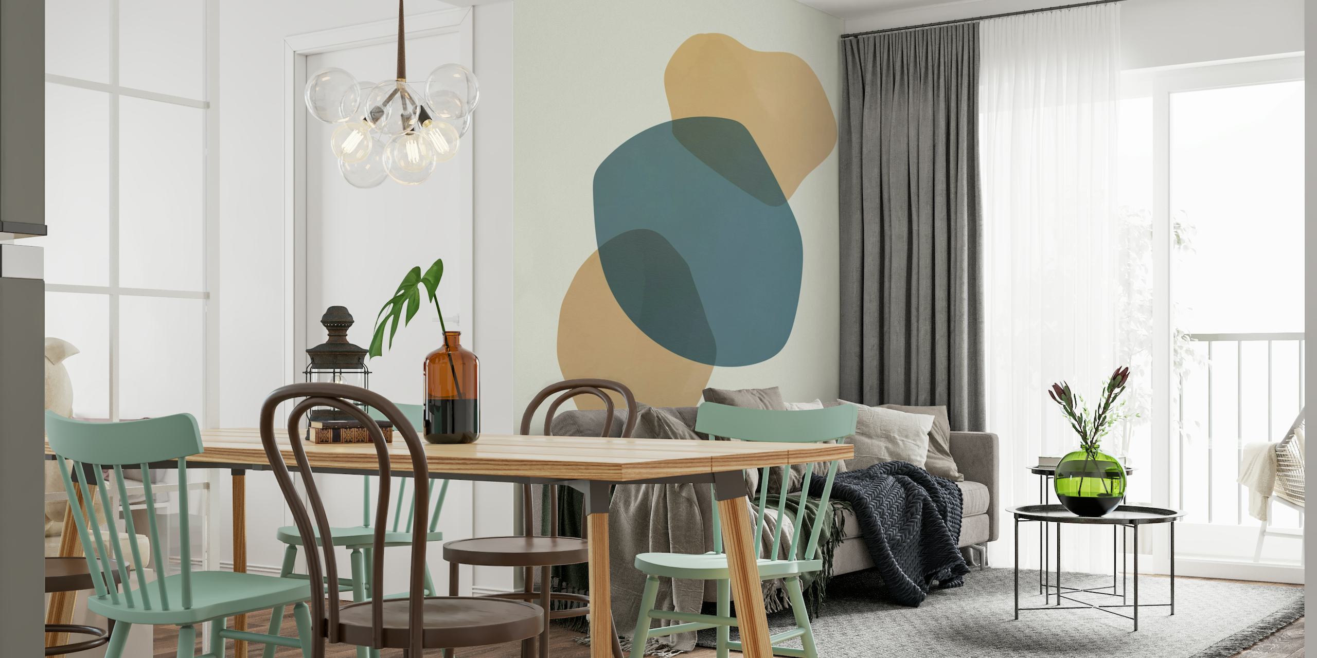 Minimalist abstract wall mural with earthy shapes and a silhouette of a couple