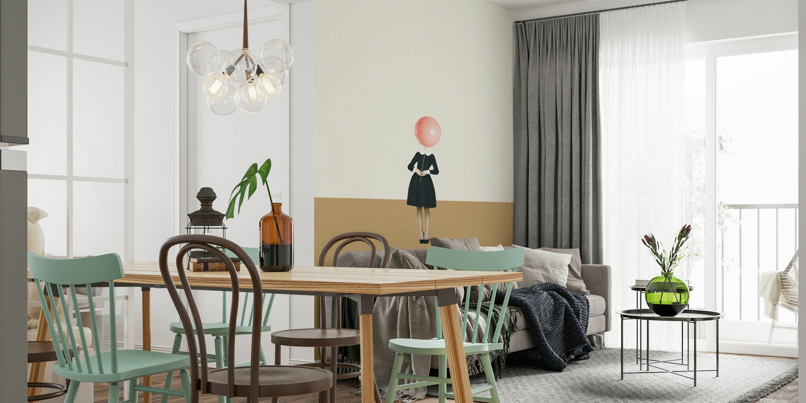Figura koja drži ružičasti balon u minimalističkom dizajnu zidnih slika