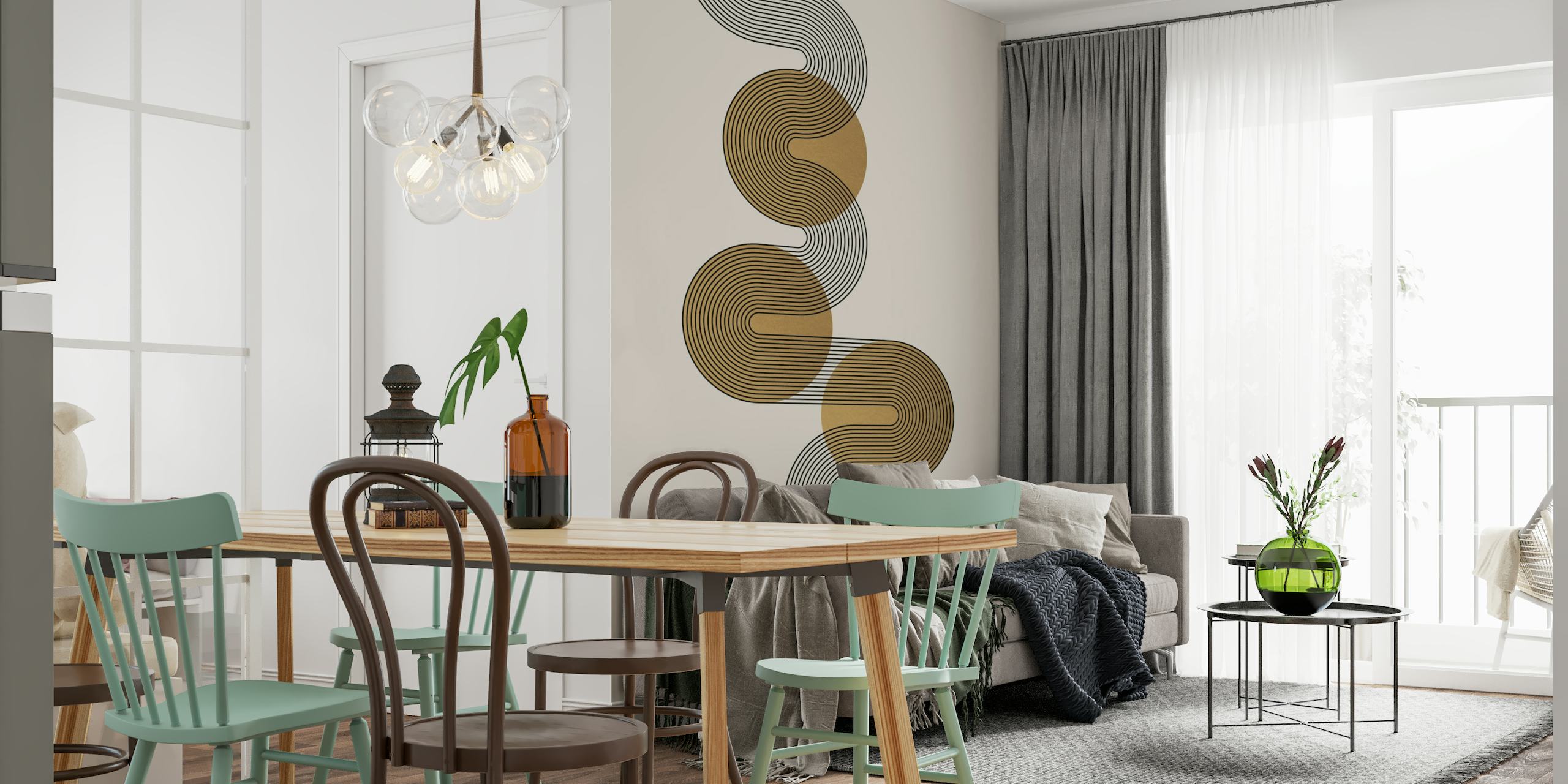 Art Deco style wall mural featuring line-art waves interspersed with golden circles