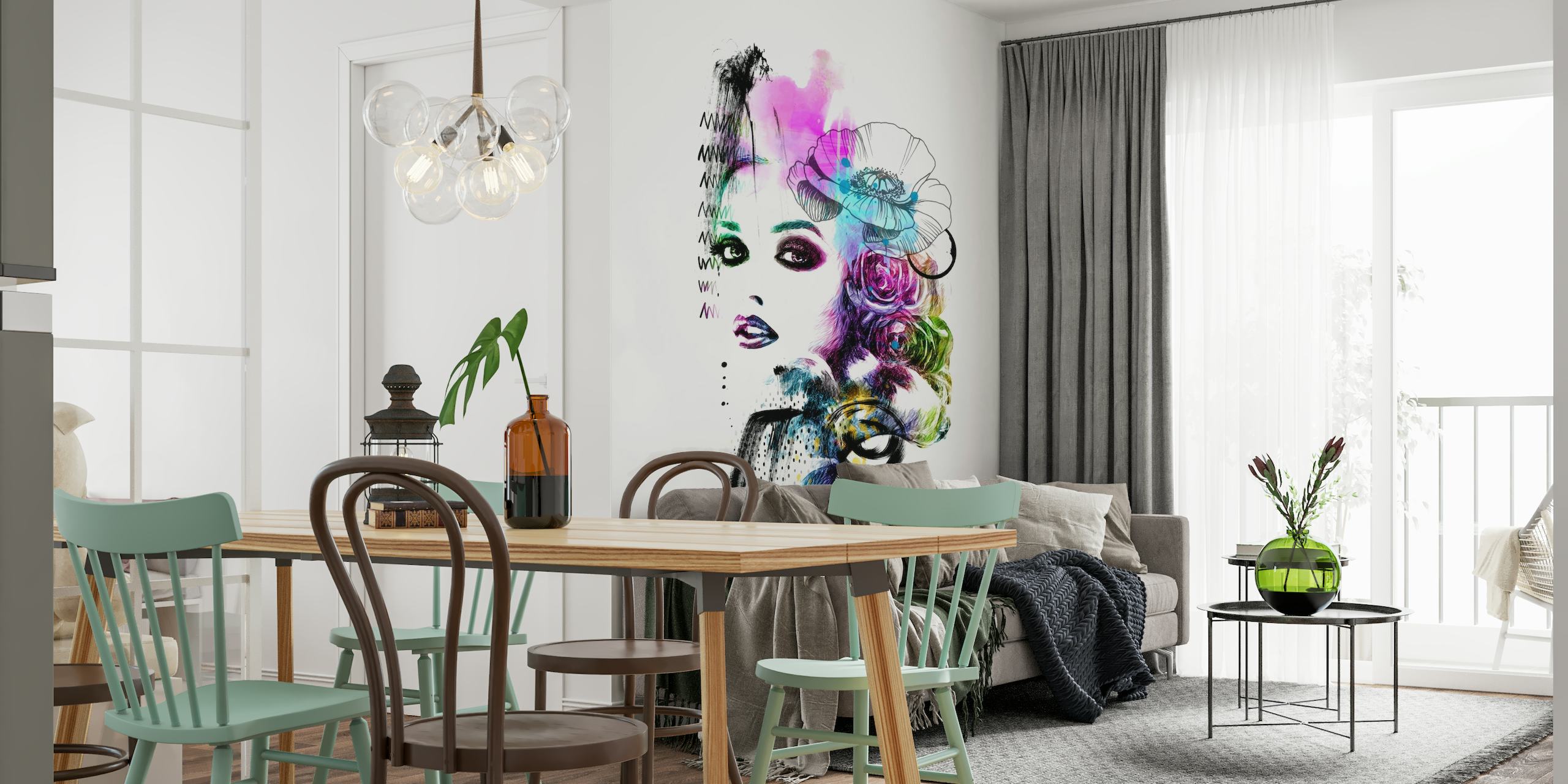 Artistic Flower Lady Portrait wall mural with vibrant watercolors and floral design