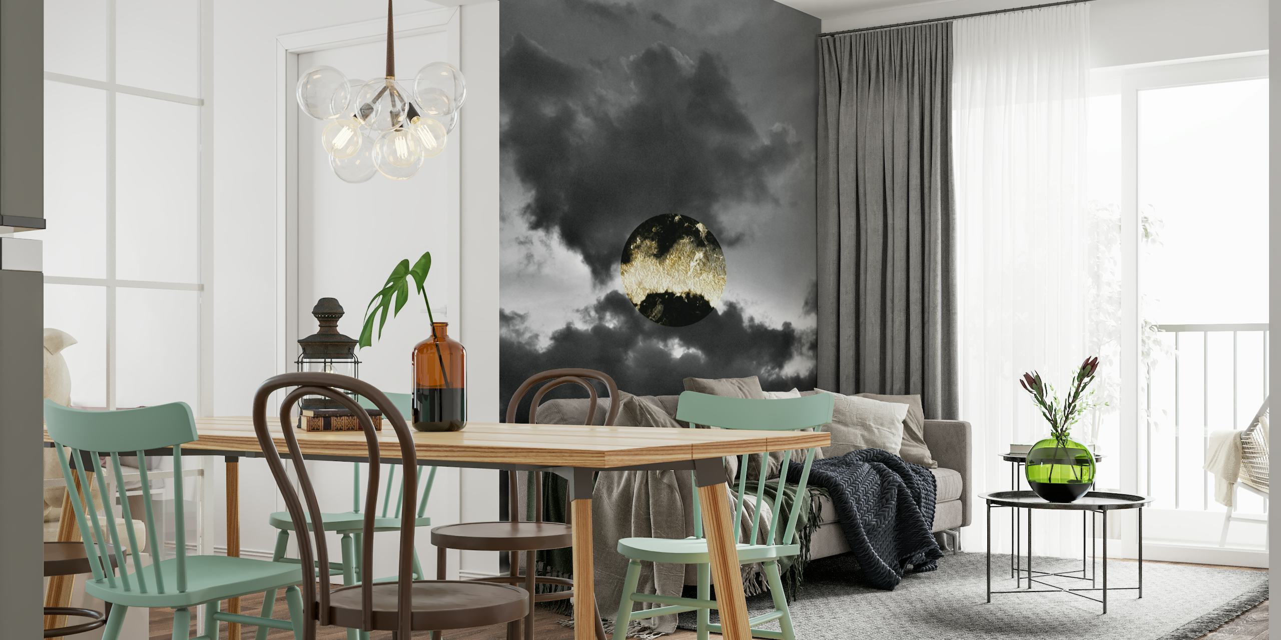 Mystinen pilvistä nouseva kuu seinämaalaus