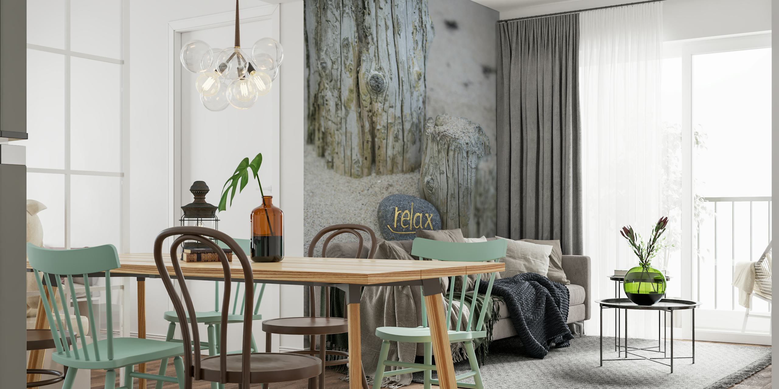 Relax lettering on grey pebble surrounded by wooden posts wallpaper