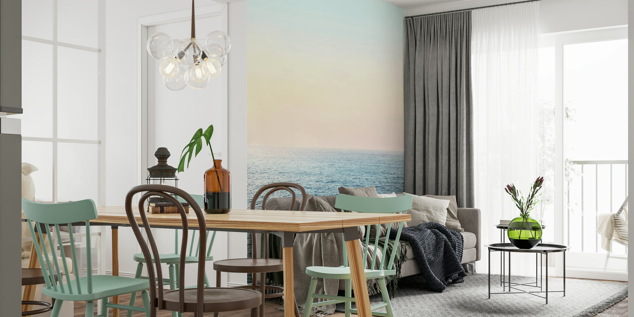 Serene ocean at dusk wall mural with subtle color gradation from blush to blue