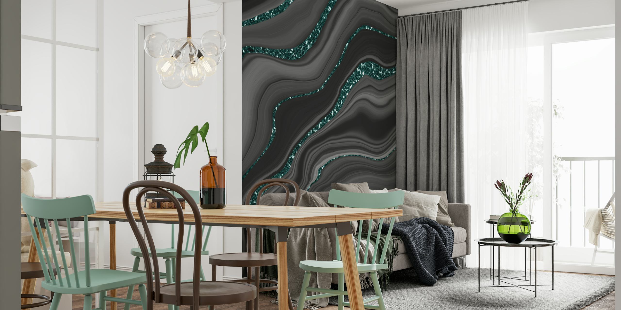Abstract Liquid Black Gray Agate wall mural with teal highlights