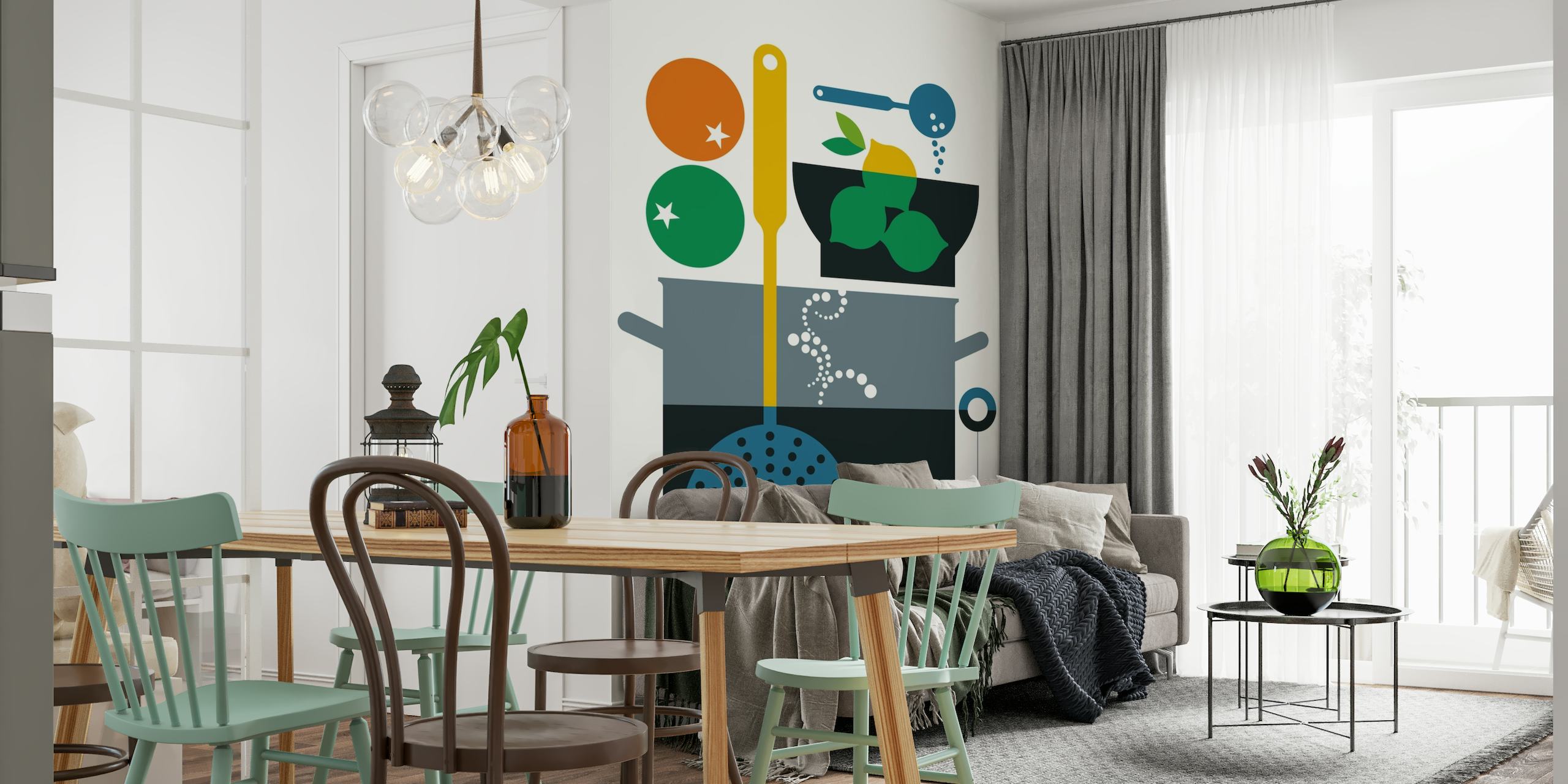 Mural de pared con utensilios de cocina gráficos y productos frescos para un hogar moderno