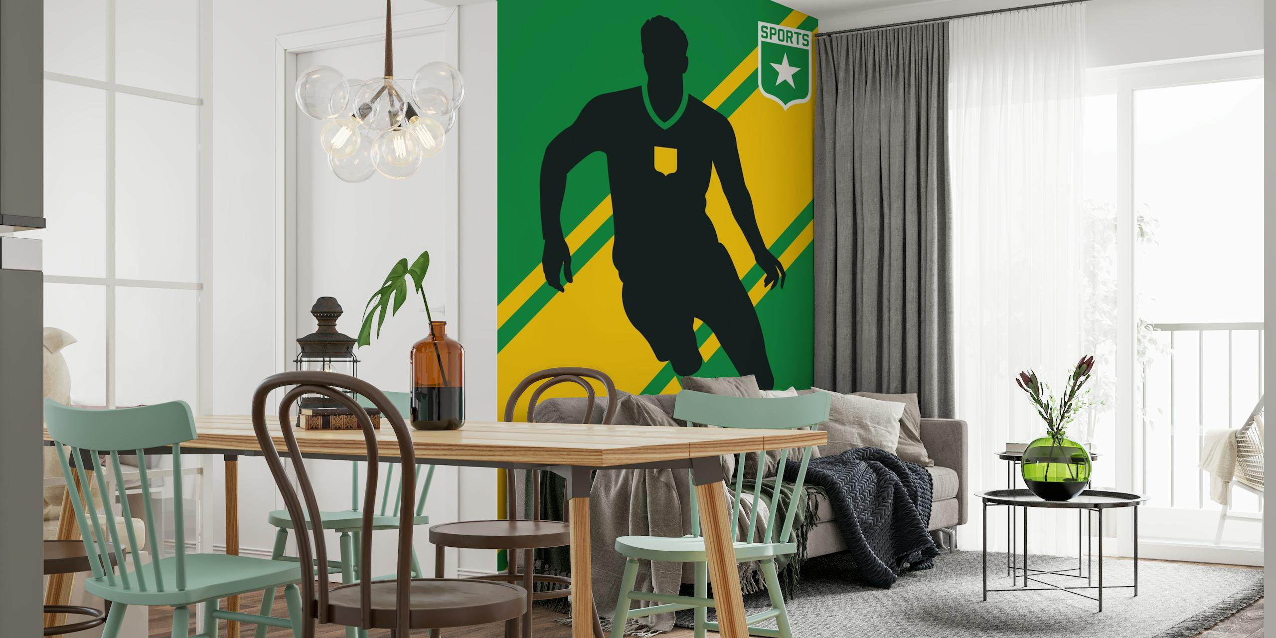 Silueta fotbalového hráče s míčem na zeleném a žlutém pruhovaném pozadí