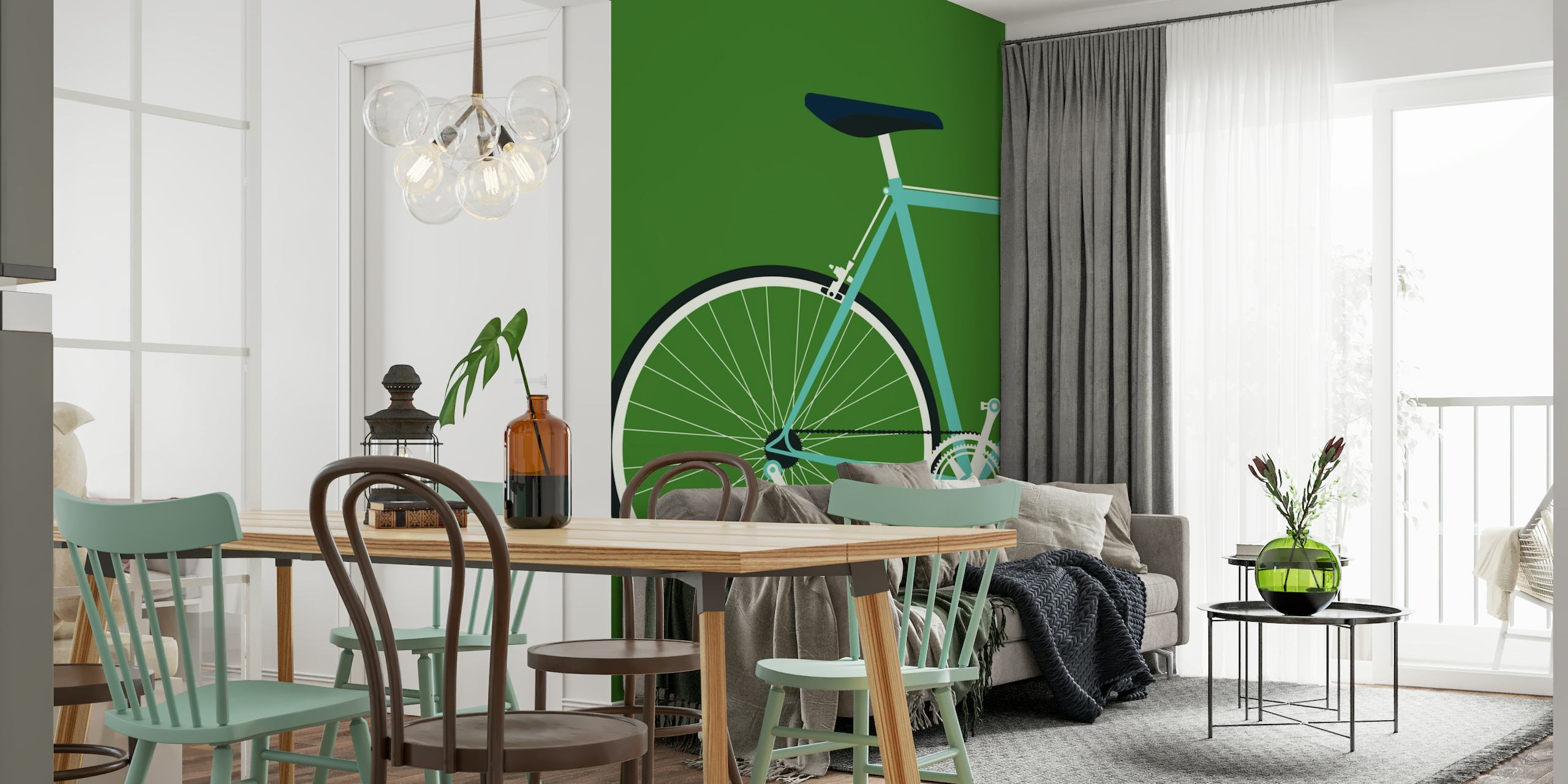 Bianchin takaseinämaalaus, jossa on tyylitelty polkupyörän siluetti vihreällä taustalla