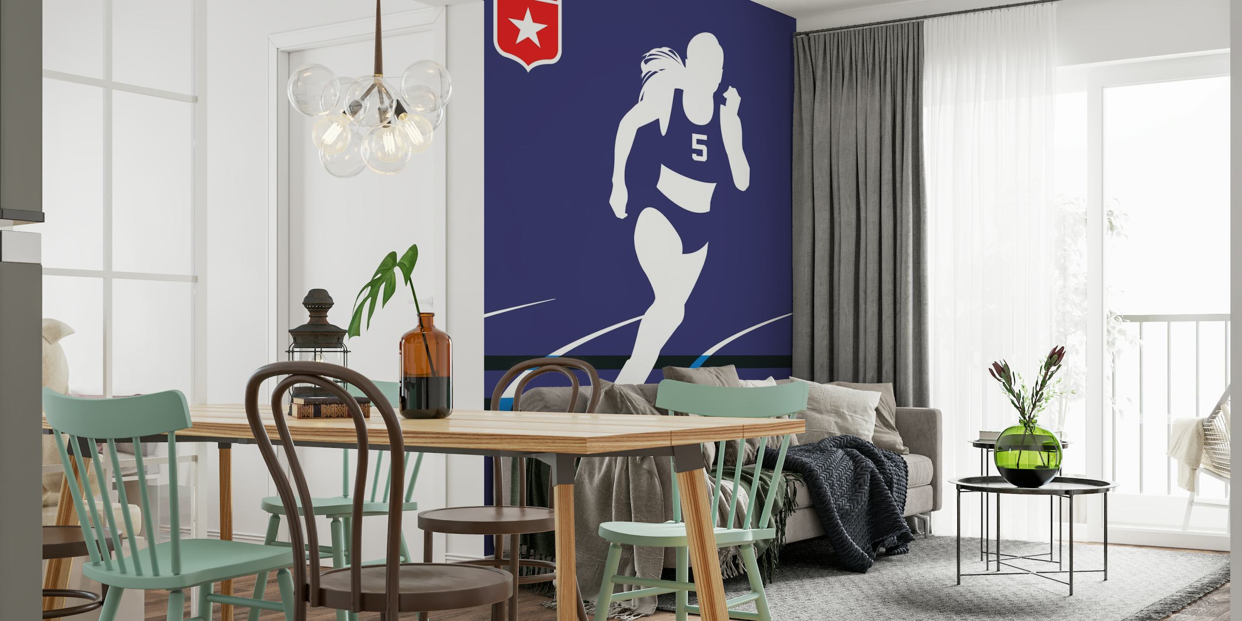 Wall mural of a runner in silhouette with track lines on a blue background