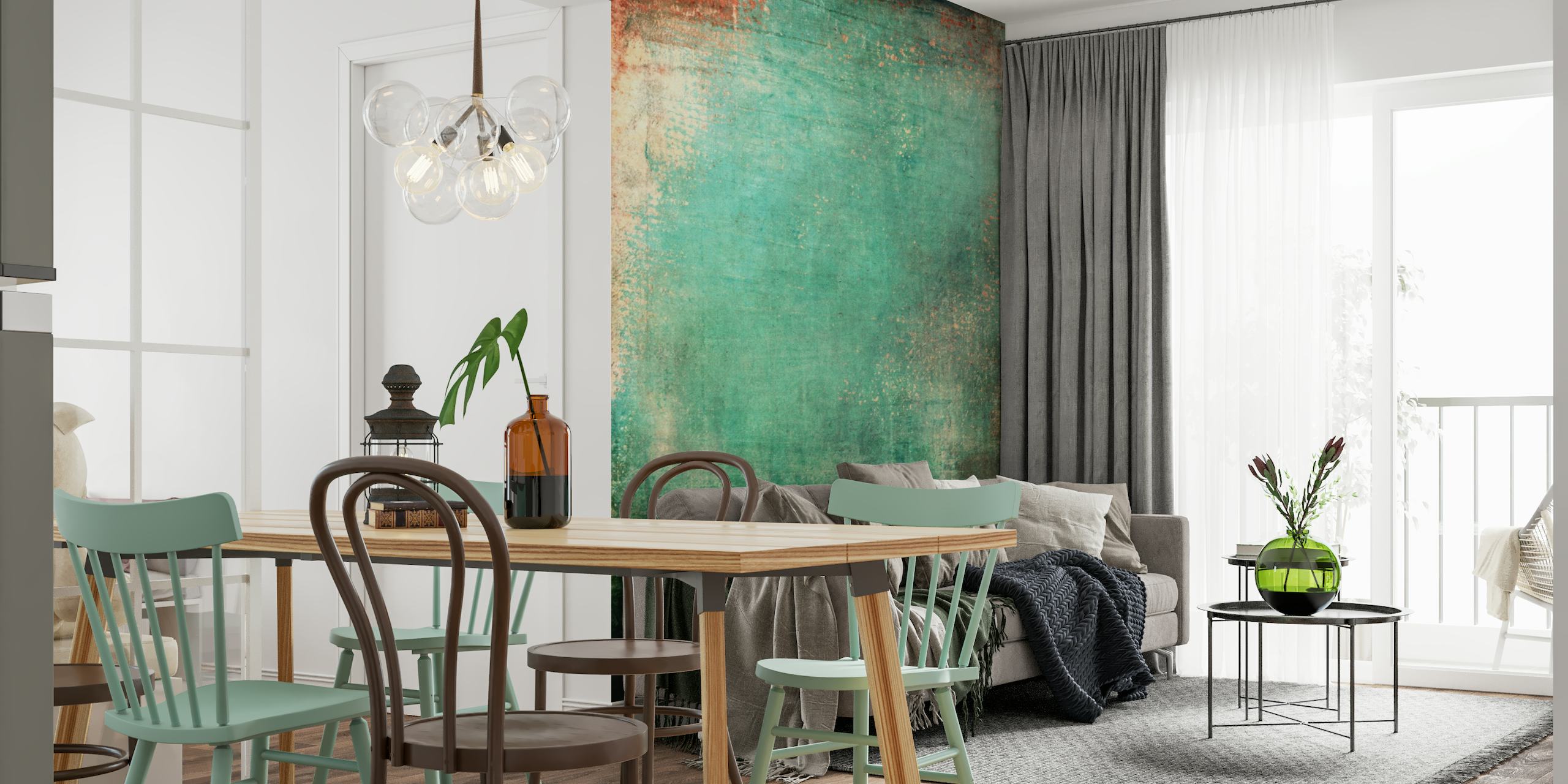 Abstract aqua-toned wall mural named Hope with a textured, weathered appearance