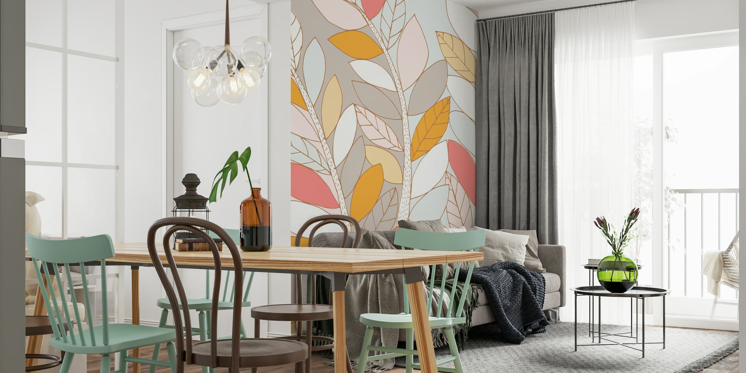 Stylized autumn-hued leaves against a muted background wall mural