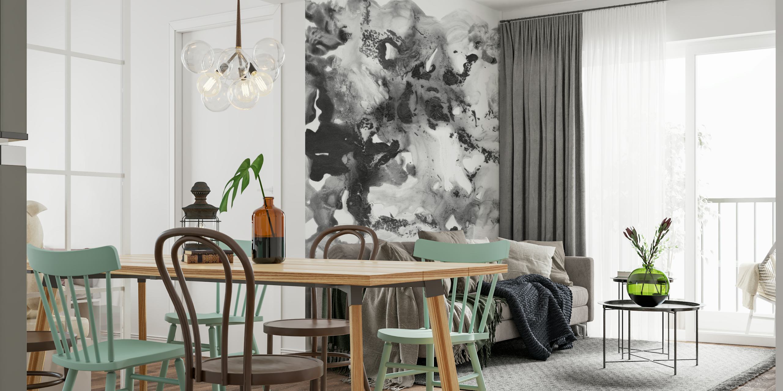 Black and white abstract ink design wall mural