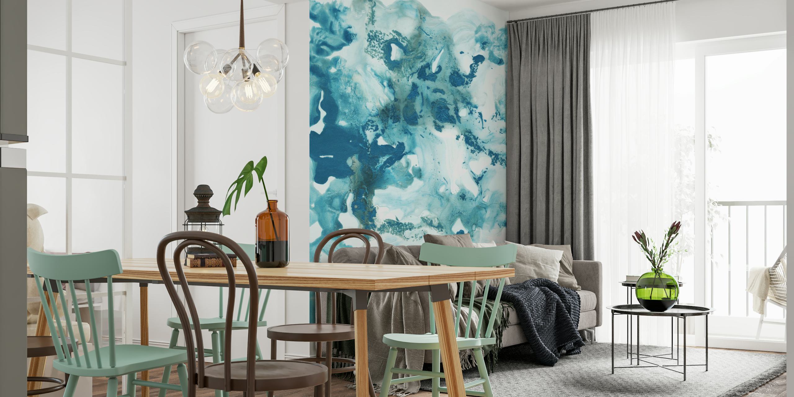 Blue Ocean Ink Abstract behang in een kamer