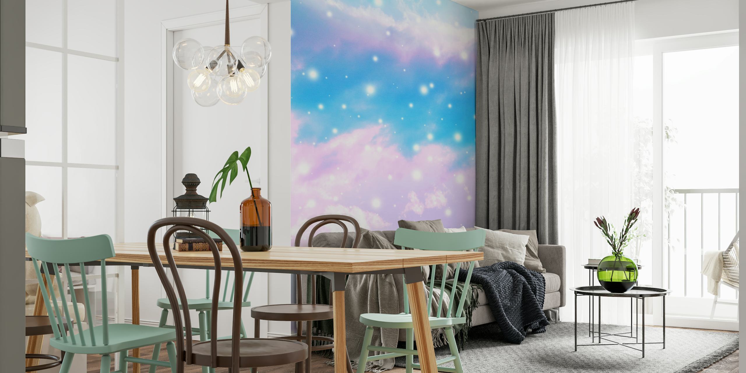 Pastel-colored celestial wall mural with stars