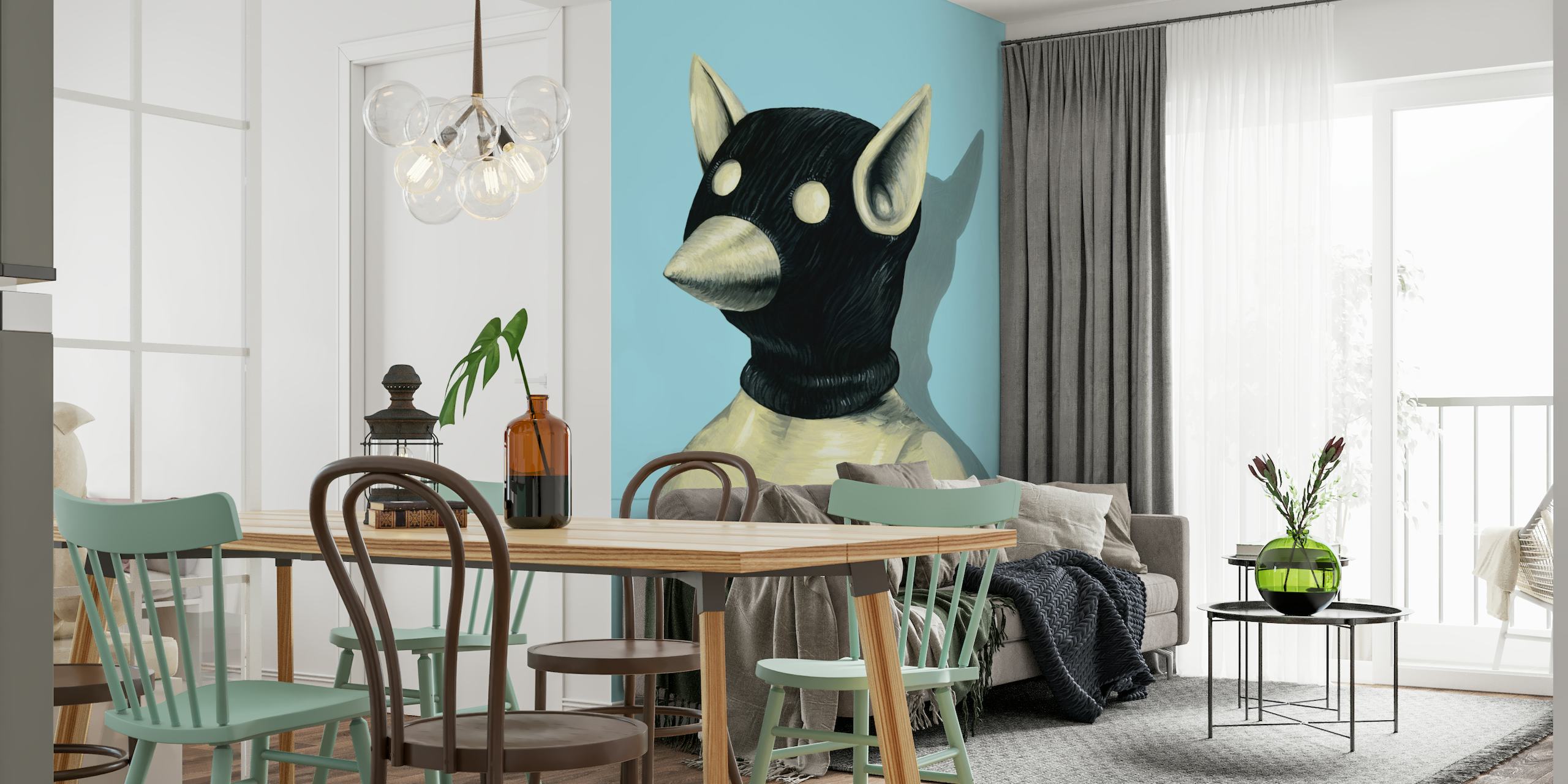 Grillige Bandit Hat muurschildering met gestileerde zwarte hoedenfiguur op een blauwe achtergrond