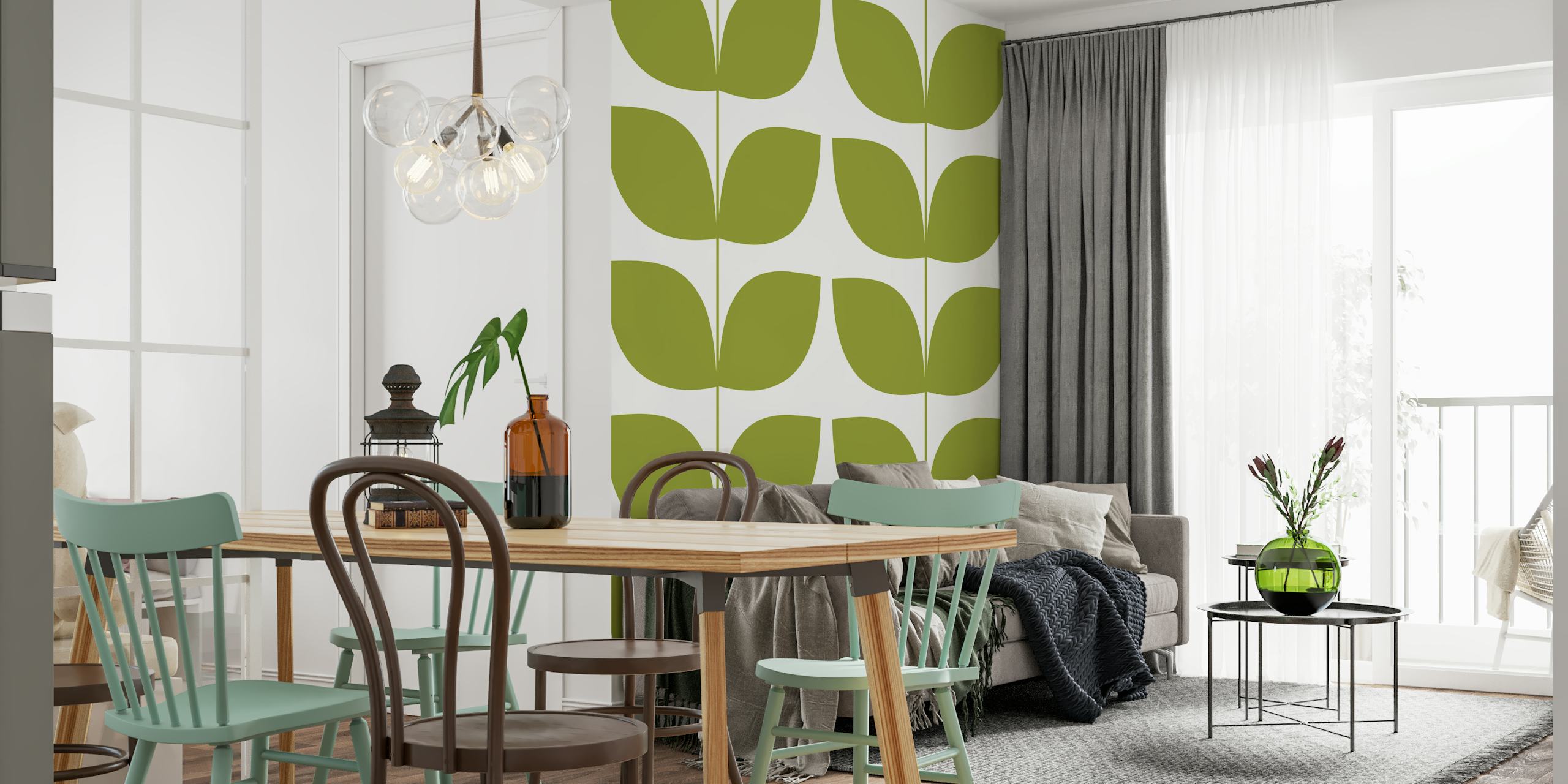 Green leaf pattern on white background mid century wallpaper