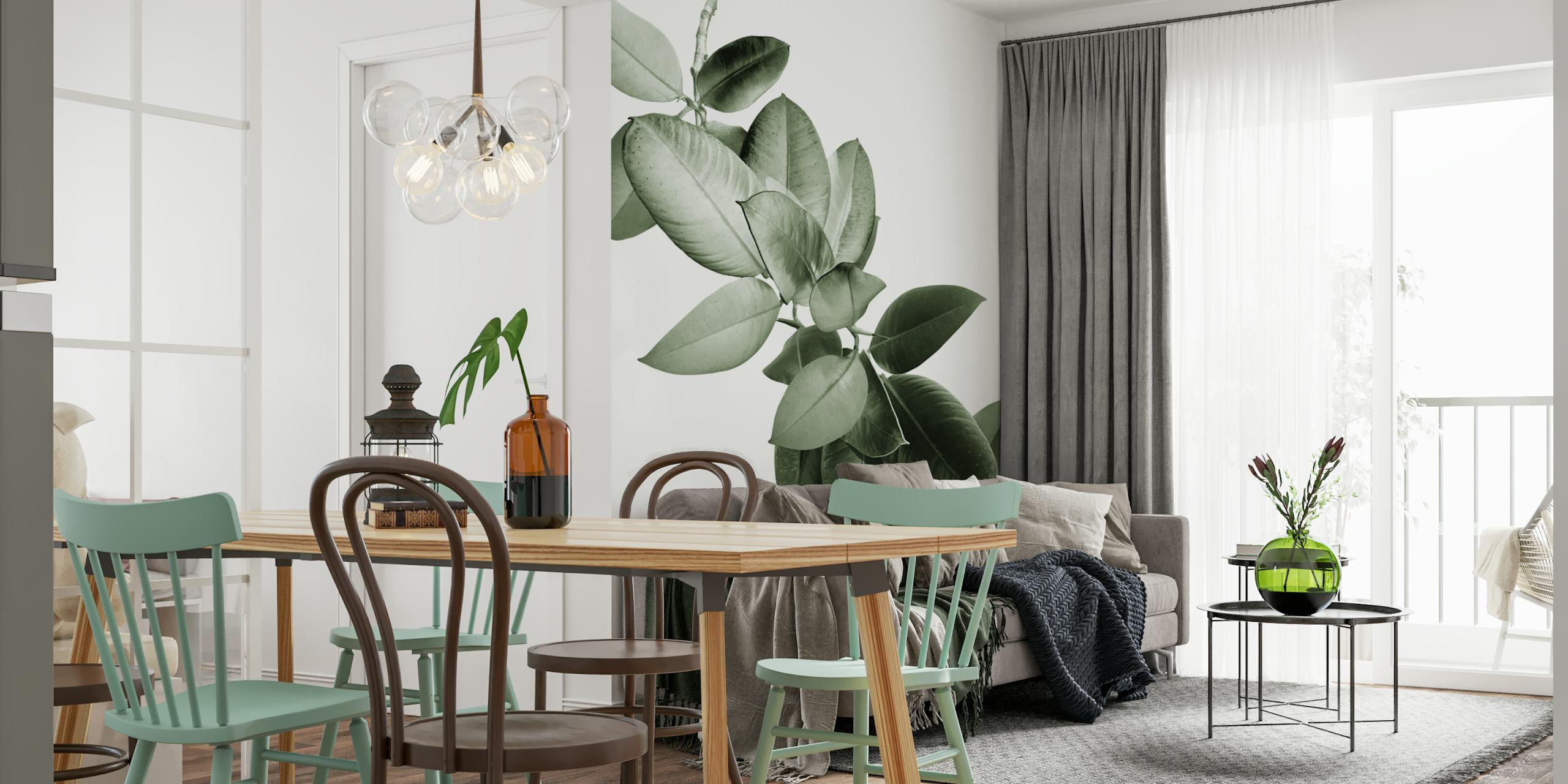 Green leafy branch design wallpaper in black and white style