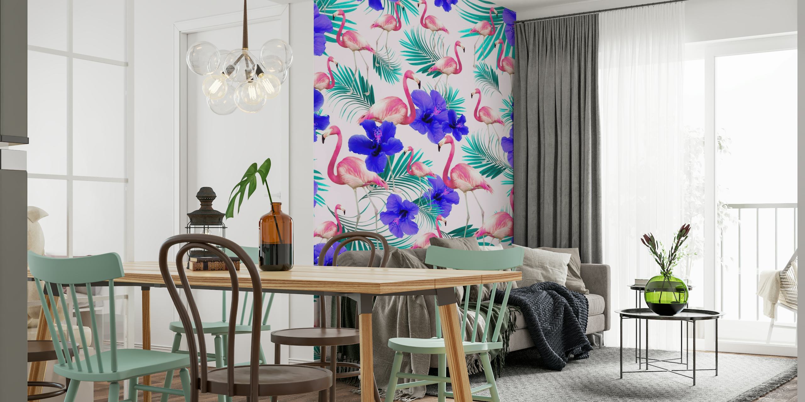Tropical hibiscus and flamingo wallpaper mural with palm leaves on a pink background