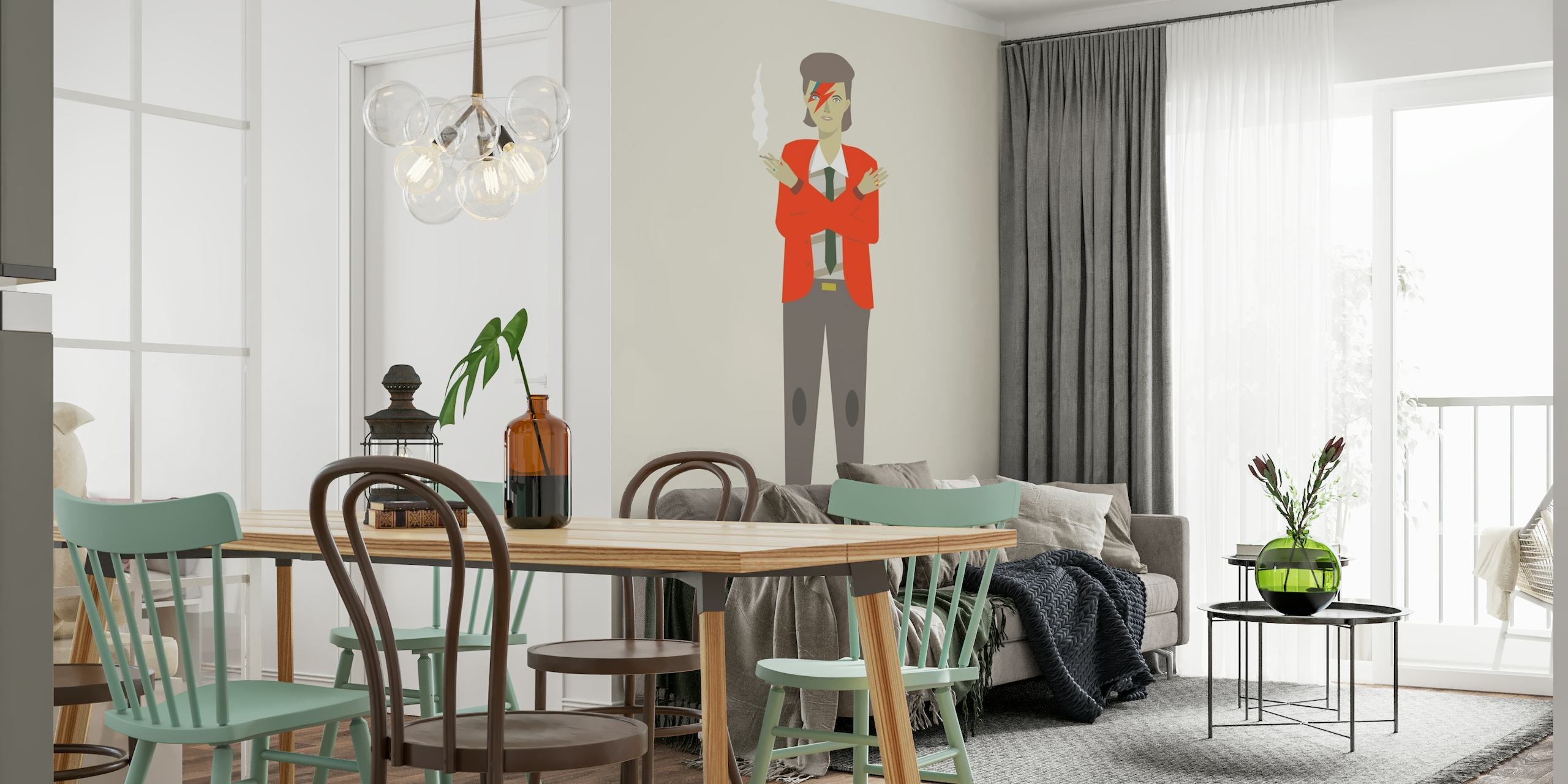 Illustrated wall mural of a stylized gentleman in a red jacket