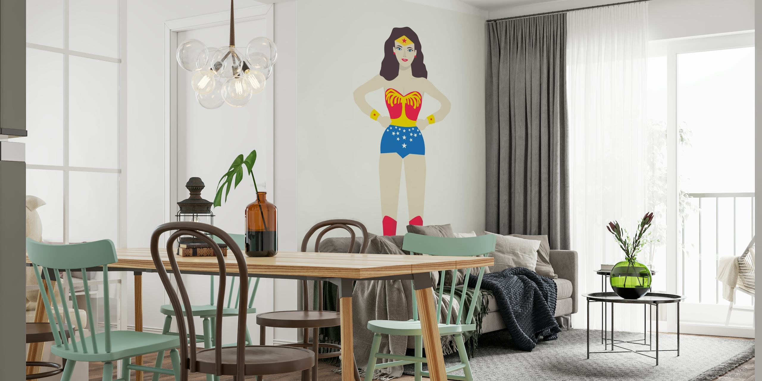Stylized illustration of a superheroine with red boots, star-spangled blue shorts, and a red and gold top on a wall mural
