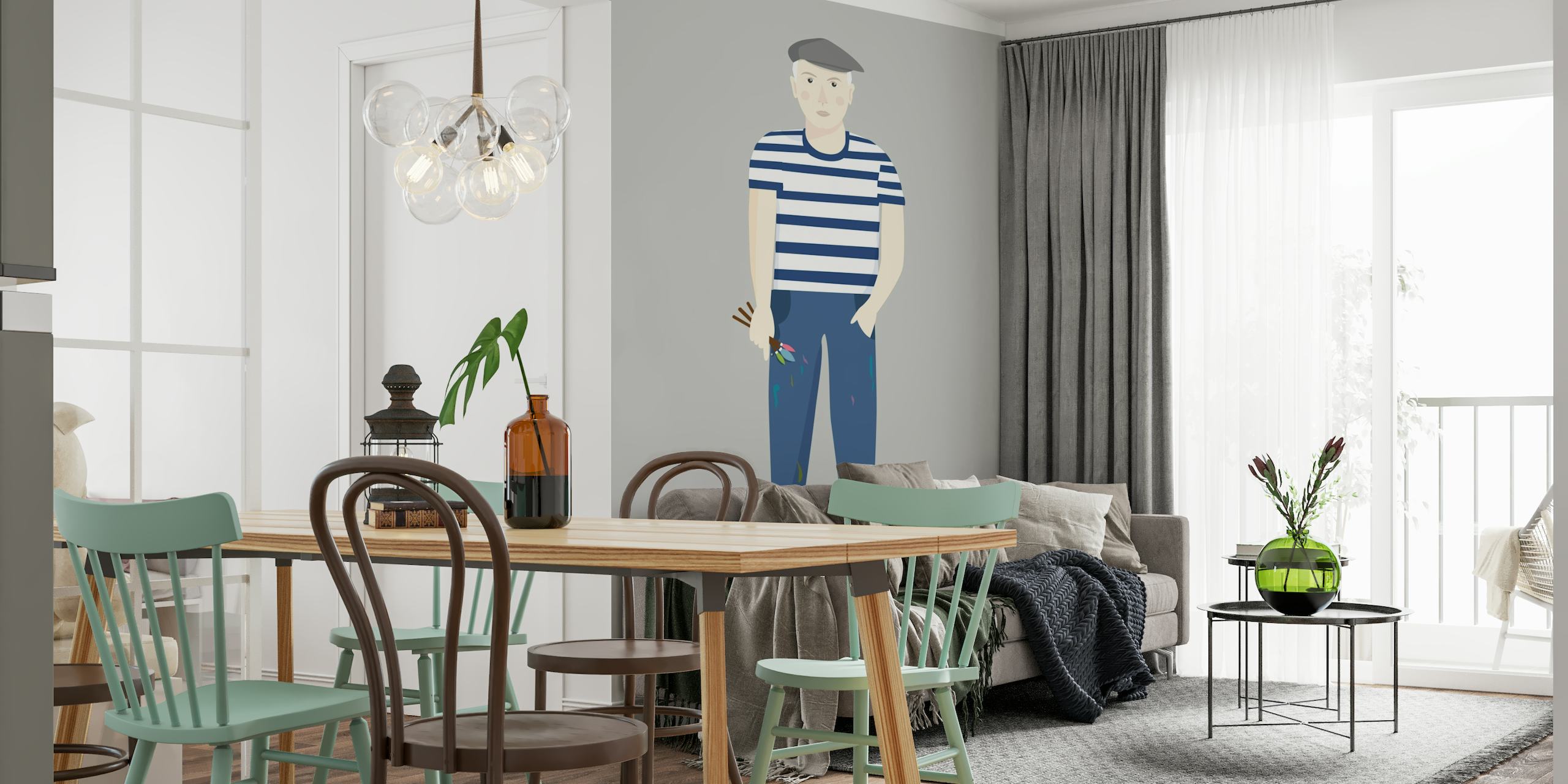 Modern Picasso-inspired wall mural with a character in a striped shirt