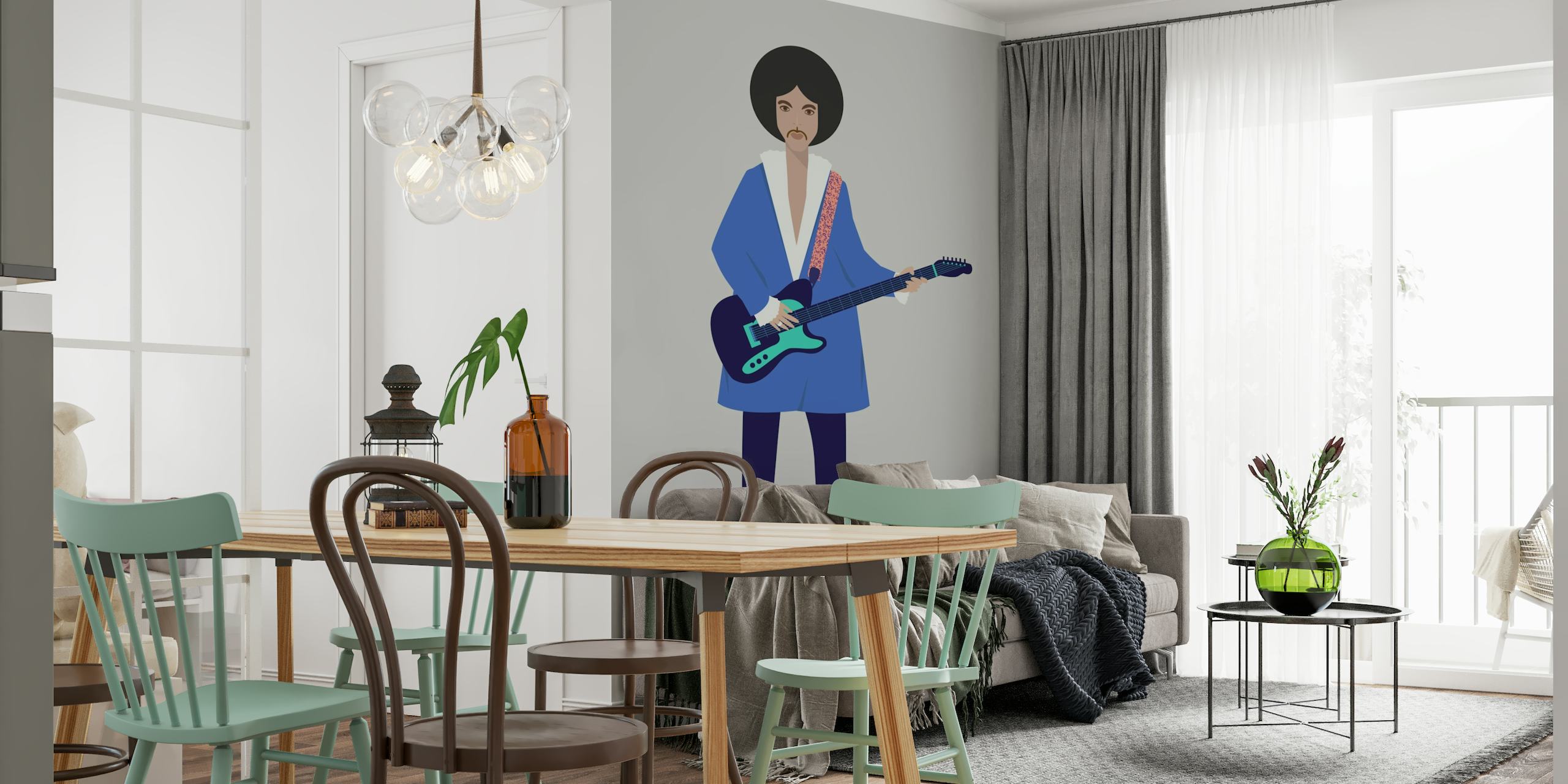 Illustrative wall mural of a person with a guitar, featuring a modern artistic design