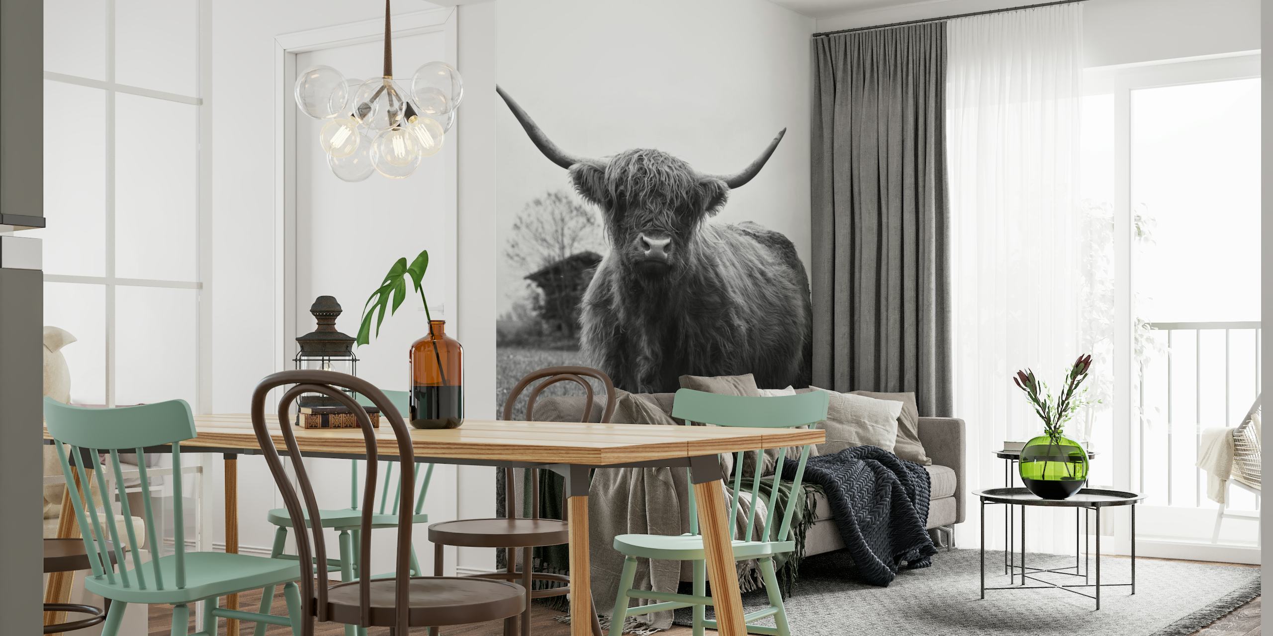 Black and white wall mural of a Highland Cow in a pastoral field
