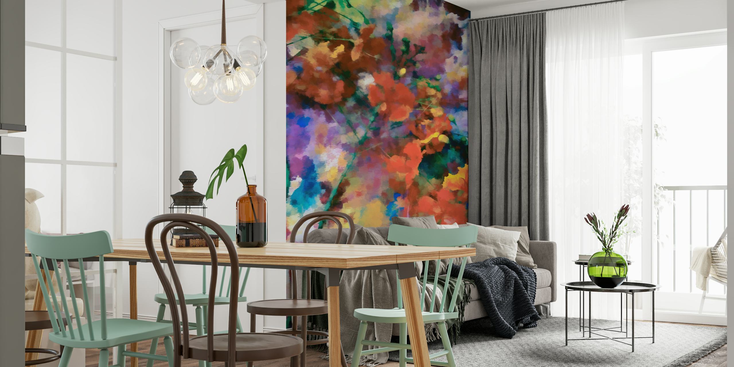 Colorful abstract floral design with greens, yellows, and reds wallpaper