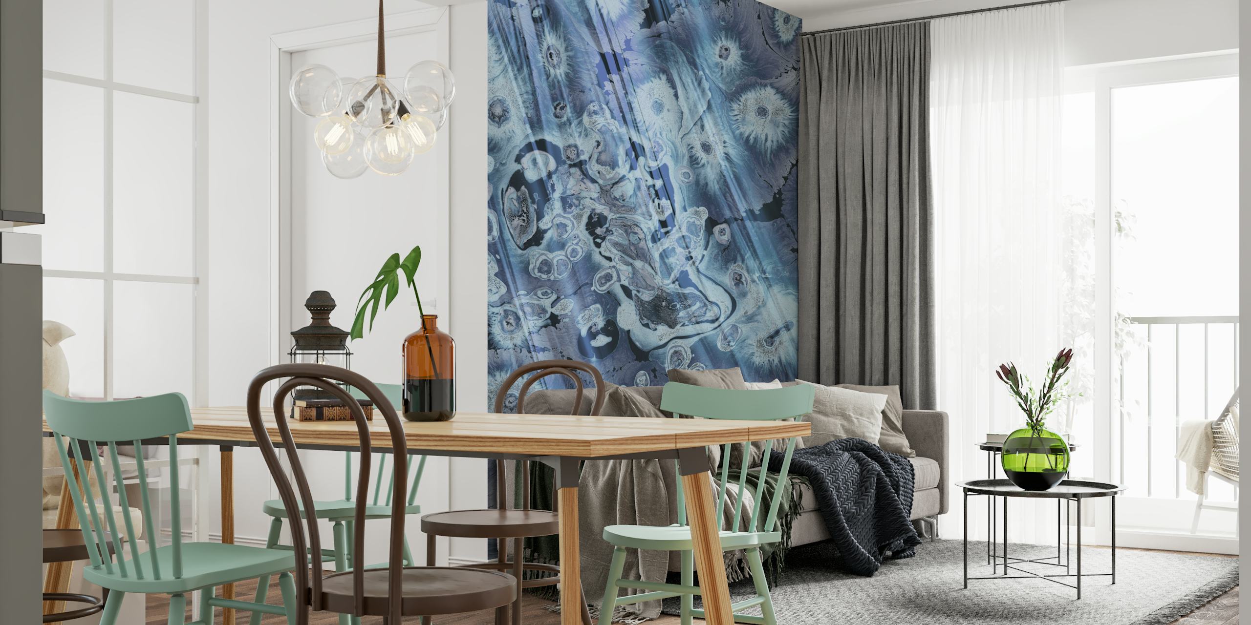 Abstract floral design in blue and gray tones wallpaper