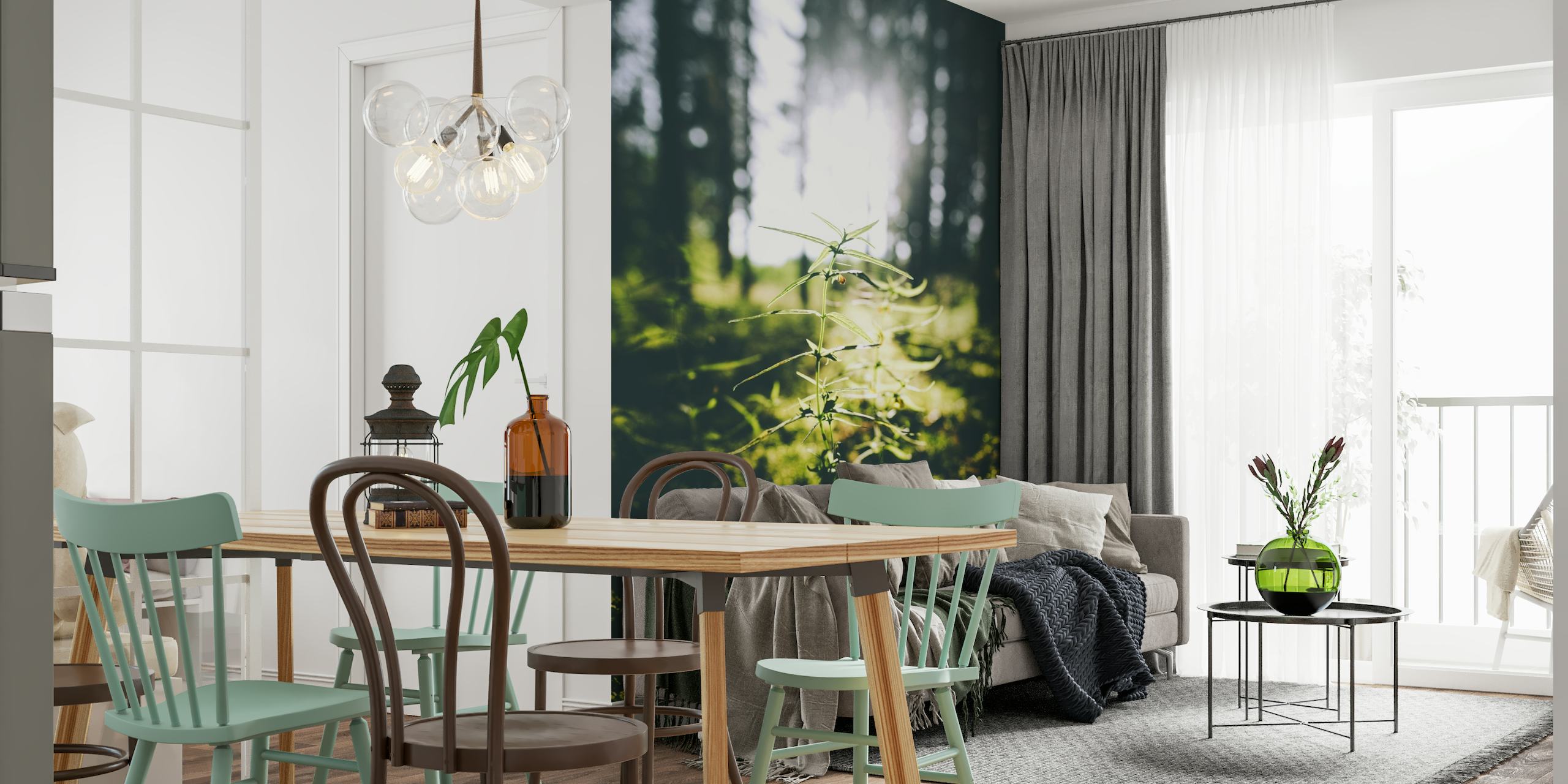 Swedish forest scenery wall mural with sunlight piercing through trees