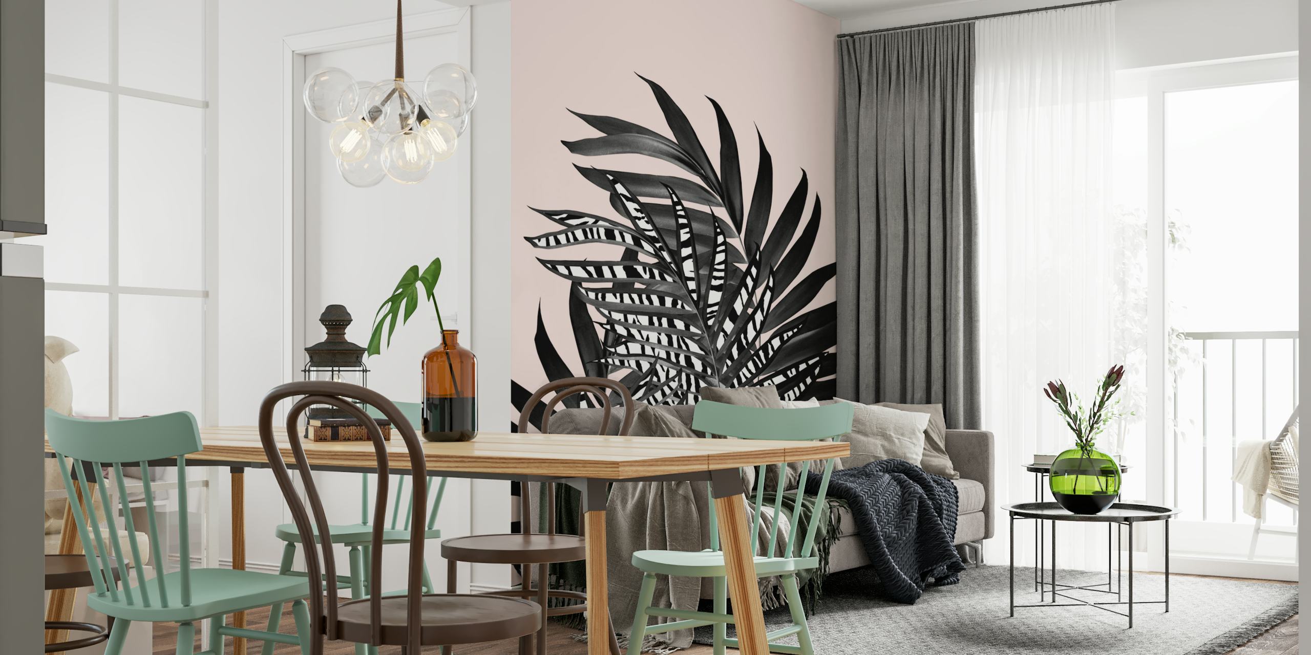Black and white striped tropical palm leaves on pink wallpaper