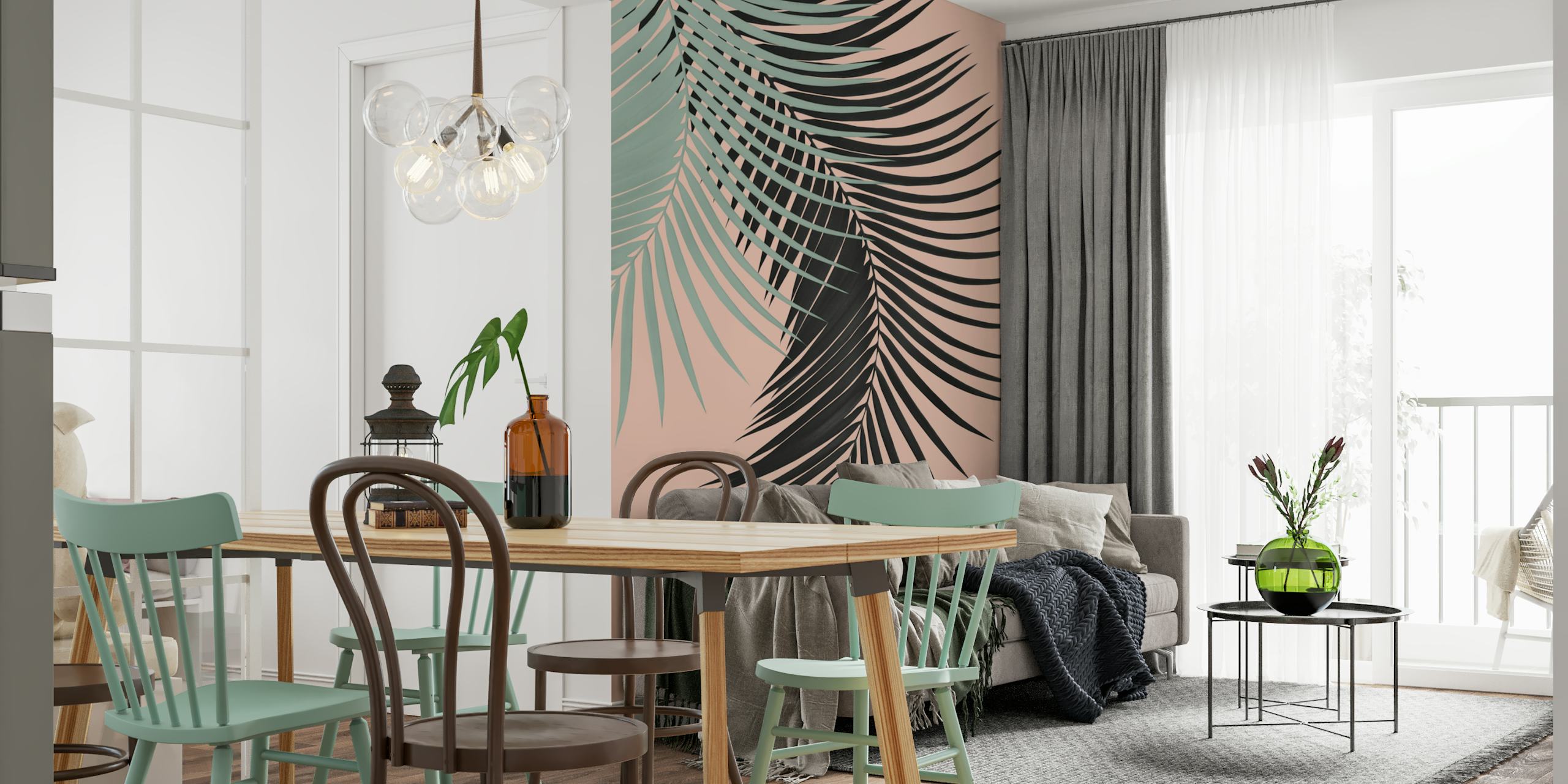 Green palm leaves design on terracotta wallpaper