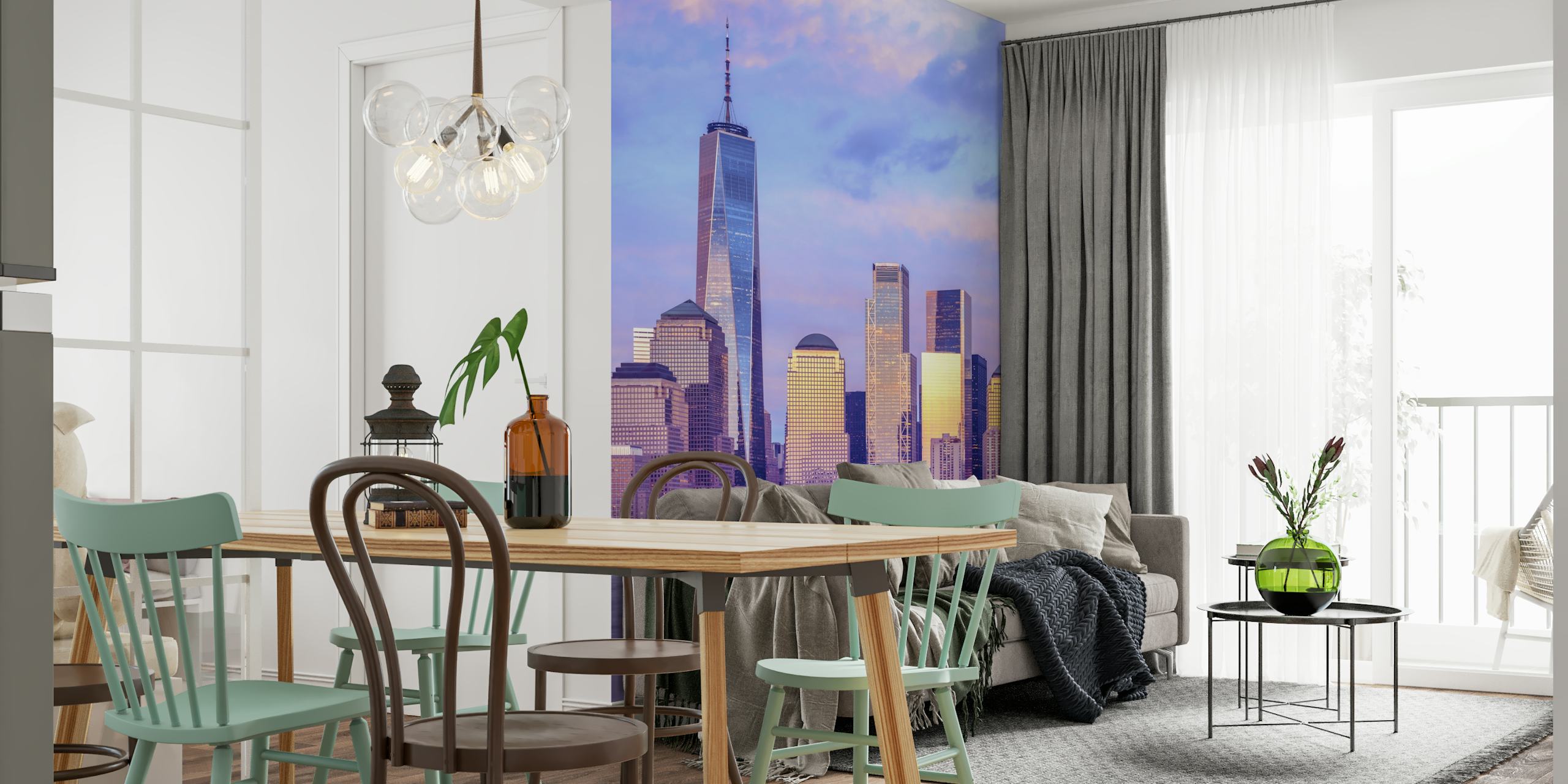 Lower Manhattan skyline at sunset with purple hues wallpaper