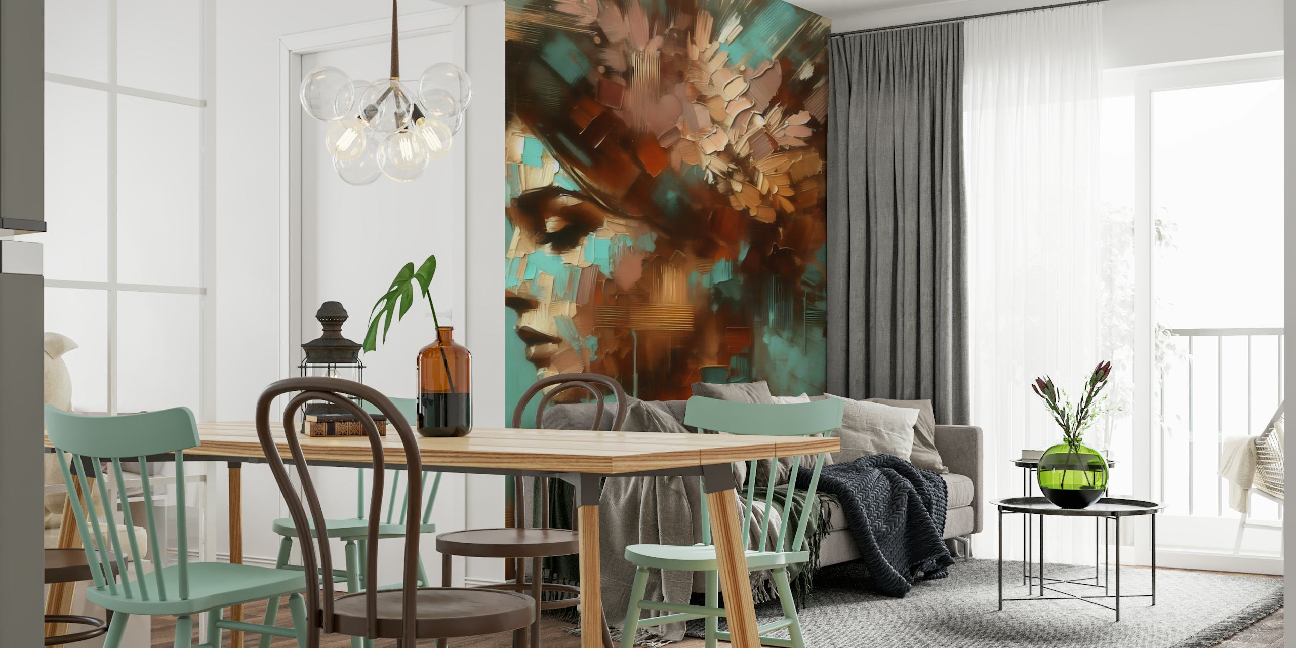 Floral portrait surrealist wallpaper in a room