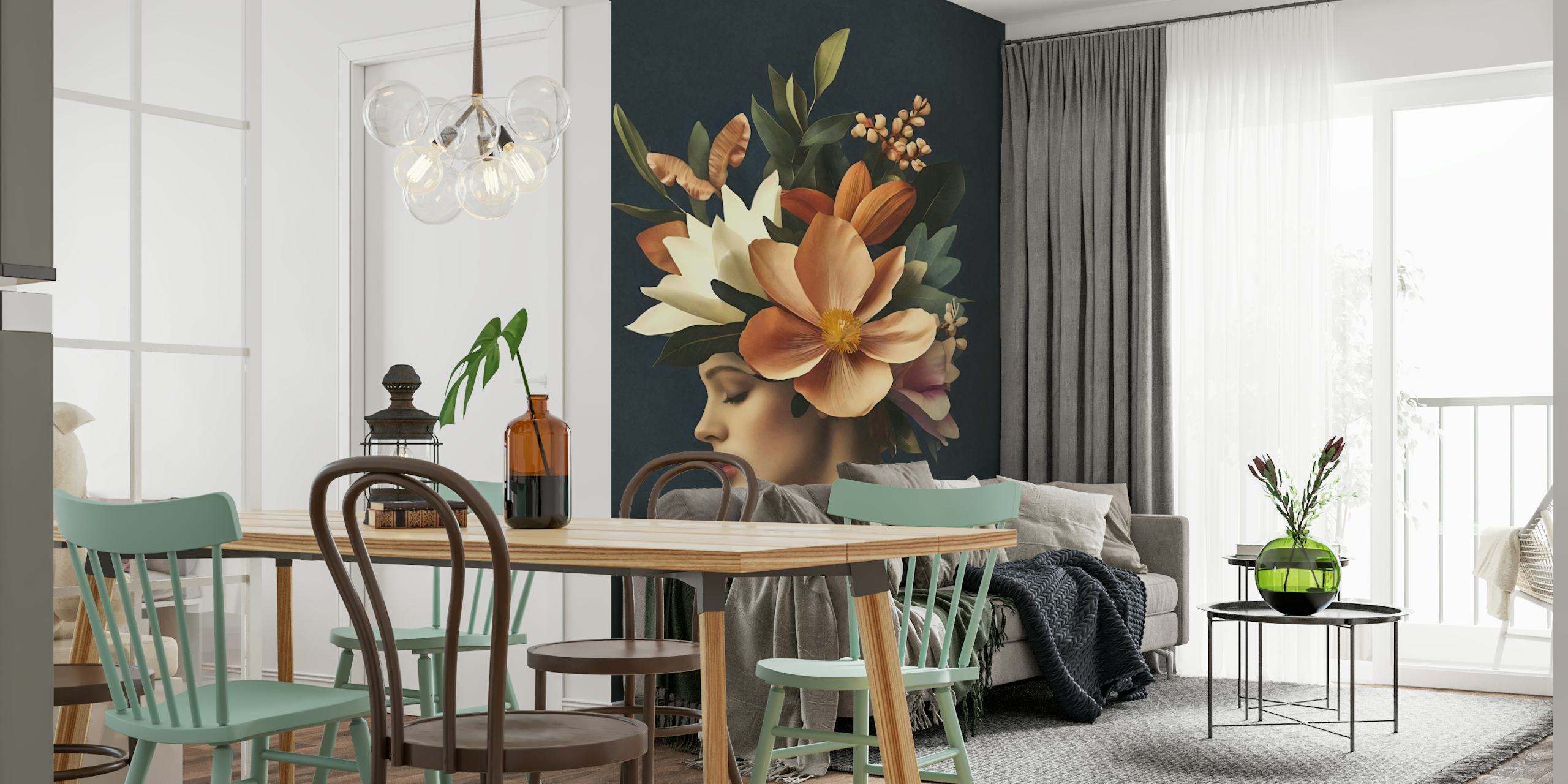 Floral portrait with oversized flowers and foliage wallpaper