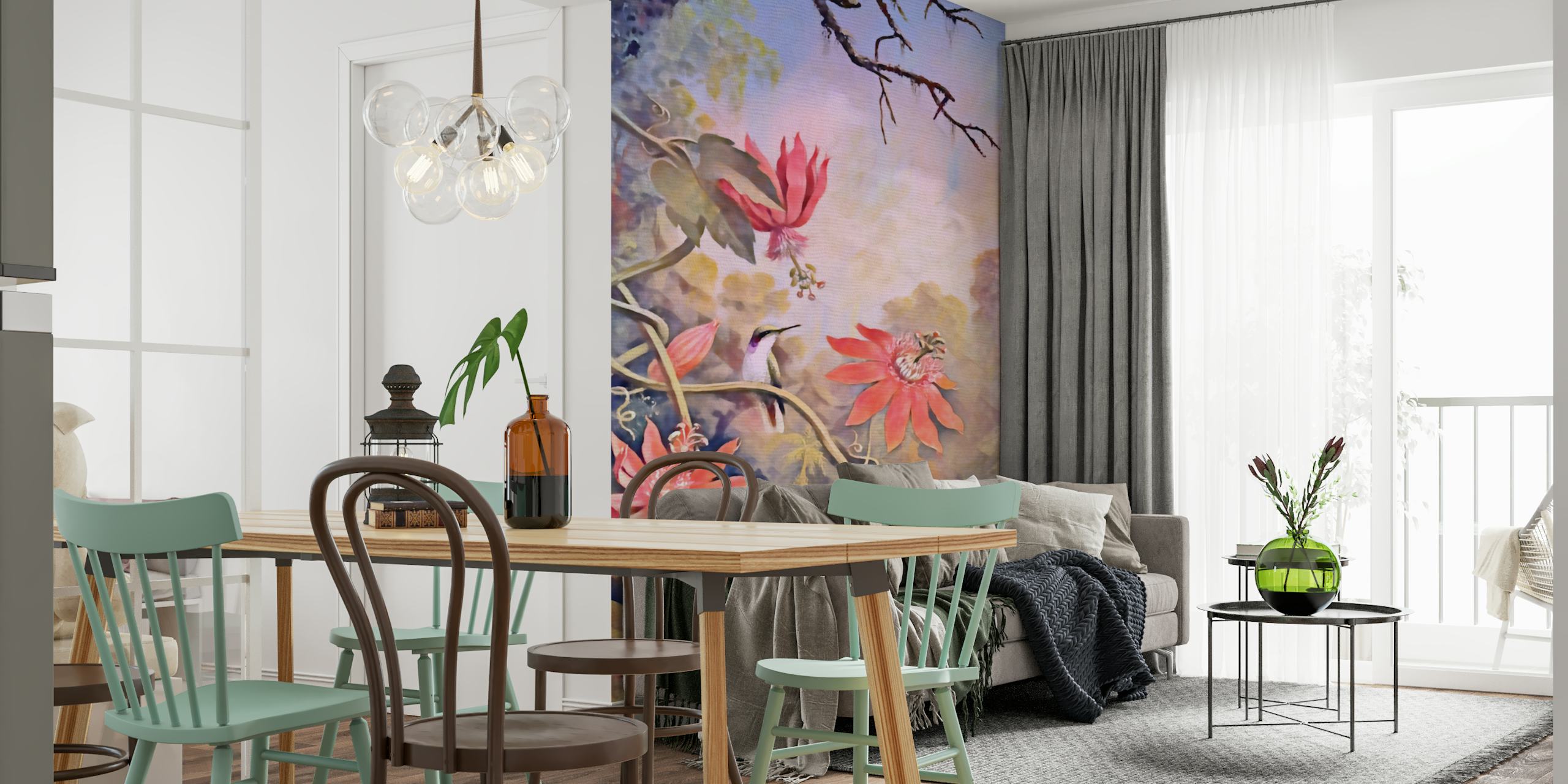 Vibrant pink flowers and green vines in a tropical wallpaper